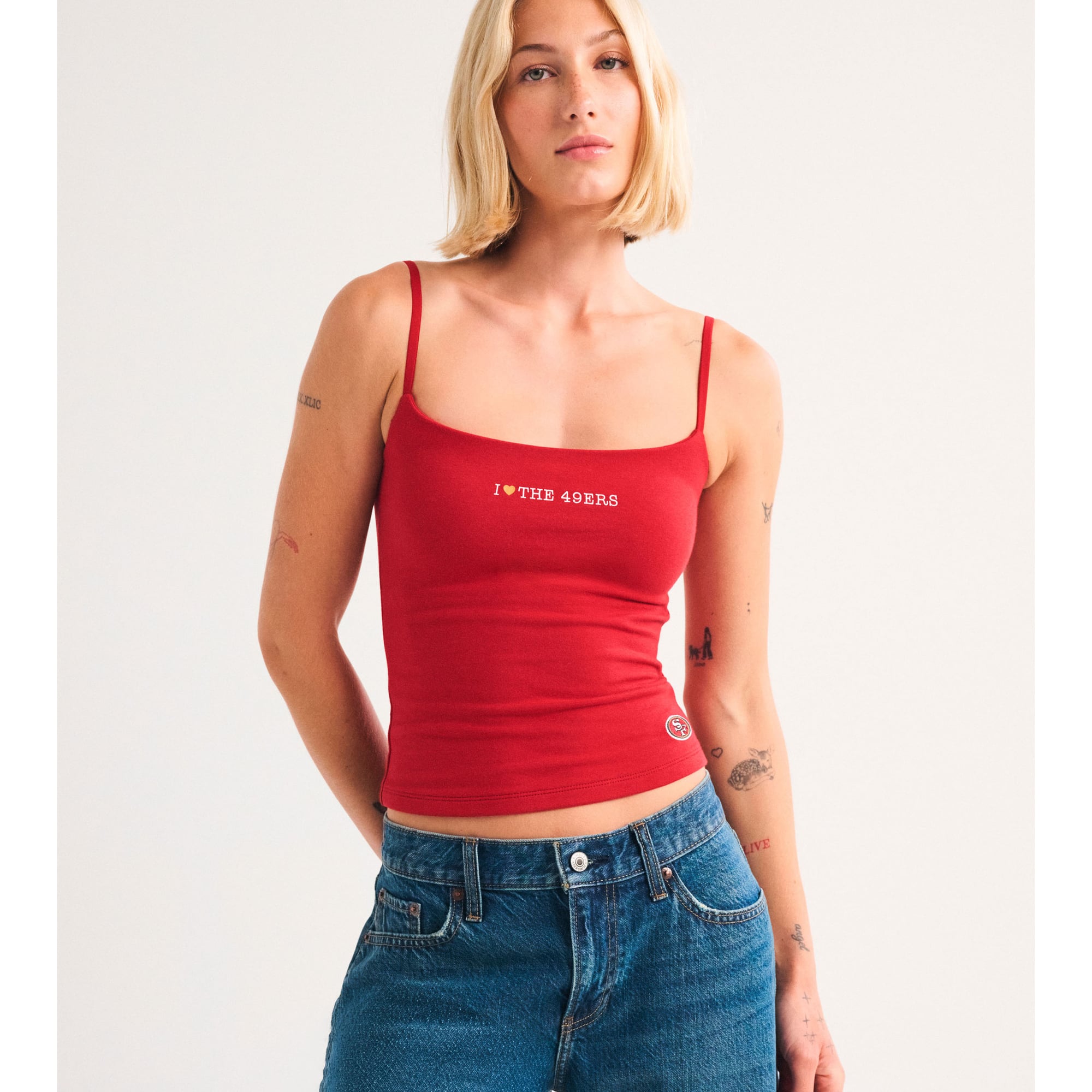 Abercrombie & Fitch Damen-Cami-Top in Scharlachrot mit San Francisco 49ers-Logo, nahtlos und ohne BH-Bezug, im 90er-Jahre-Stil