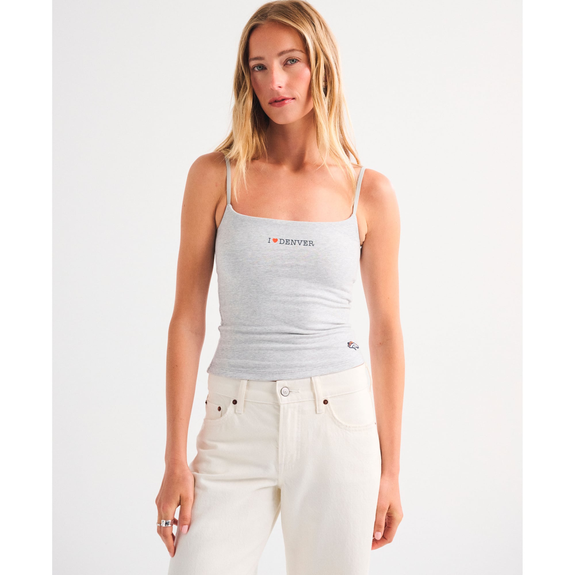 Damen-Camitop von Abercrombie & Fitch in meliertem Grau, Denver Broncos-Design, nahtlos, ohne BH, im 90er-Jahre-Stil