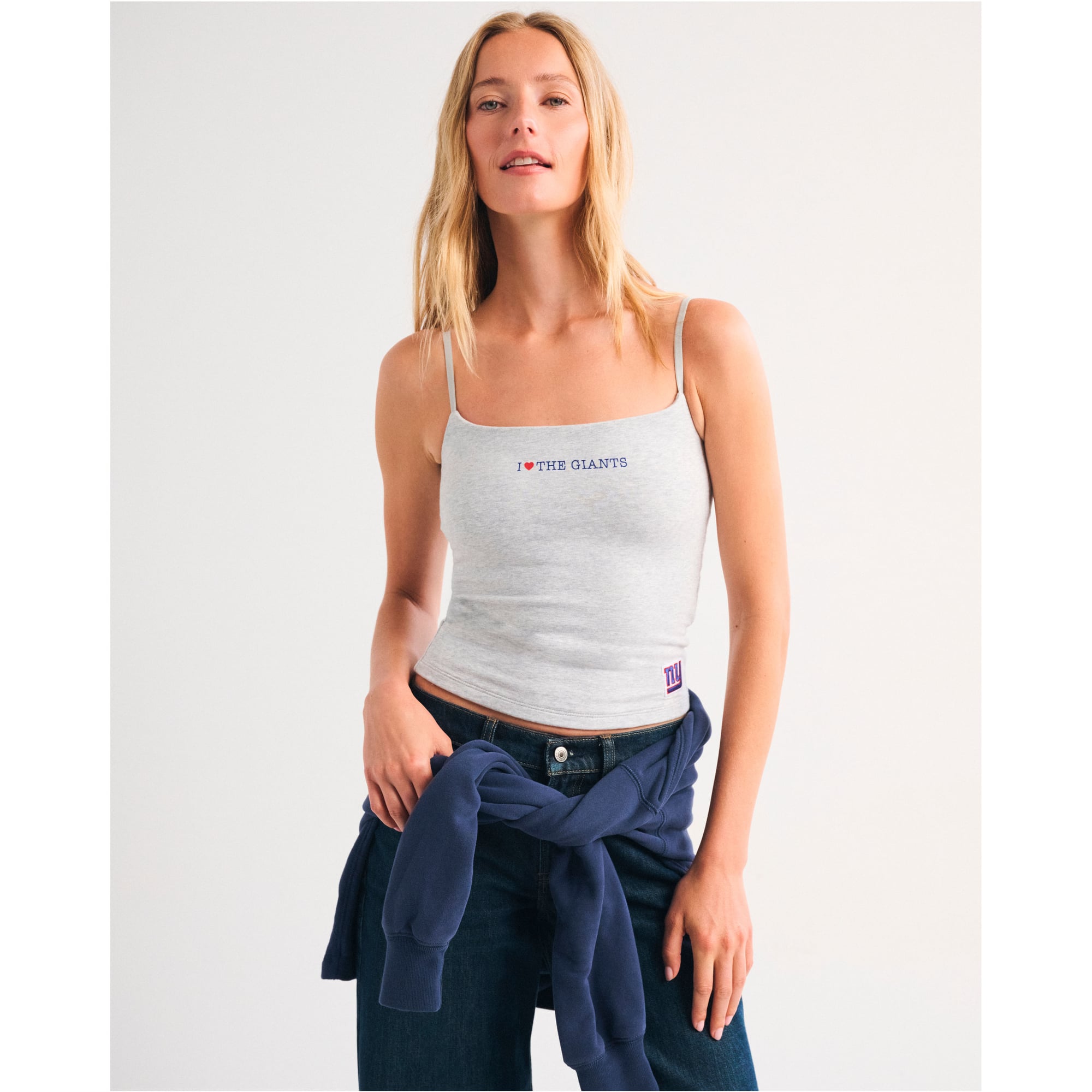 Damen-Camitop von Abercrombie & Fitch in Heather Gray mit New York Giants-Logo, nahtlos und ohne BH-Bezug, im 90er-Jahre-Stil
