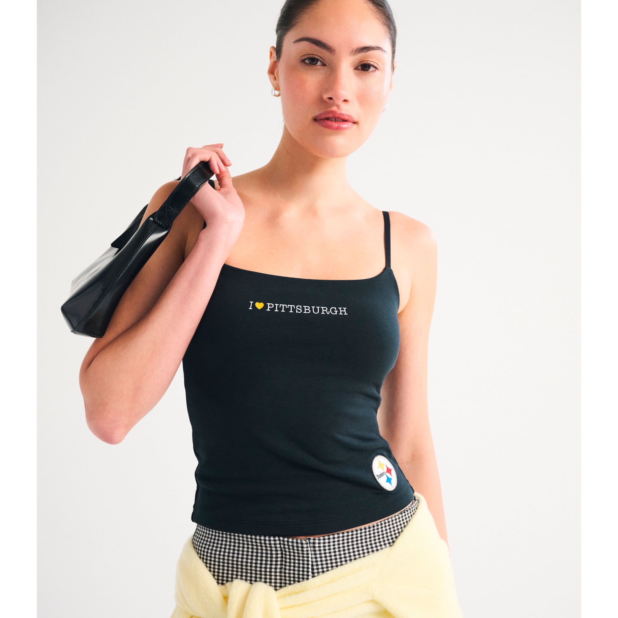 Schwarzes Pittsburgh Steelers Damen-Cami-Top von Abercrombie & Fitch im 90er-Jahre-Stil, nahtlos, ohne BH.