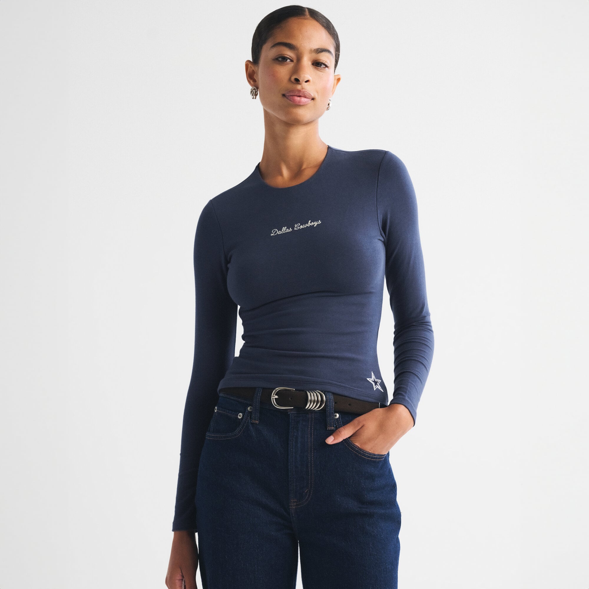 Women's Abercrombie & Fitch Navy Dallas Cowboys Script Long Sleeve T-Shirt