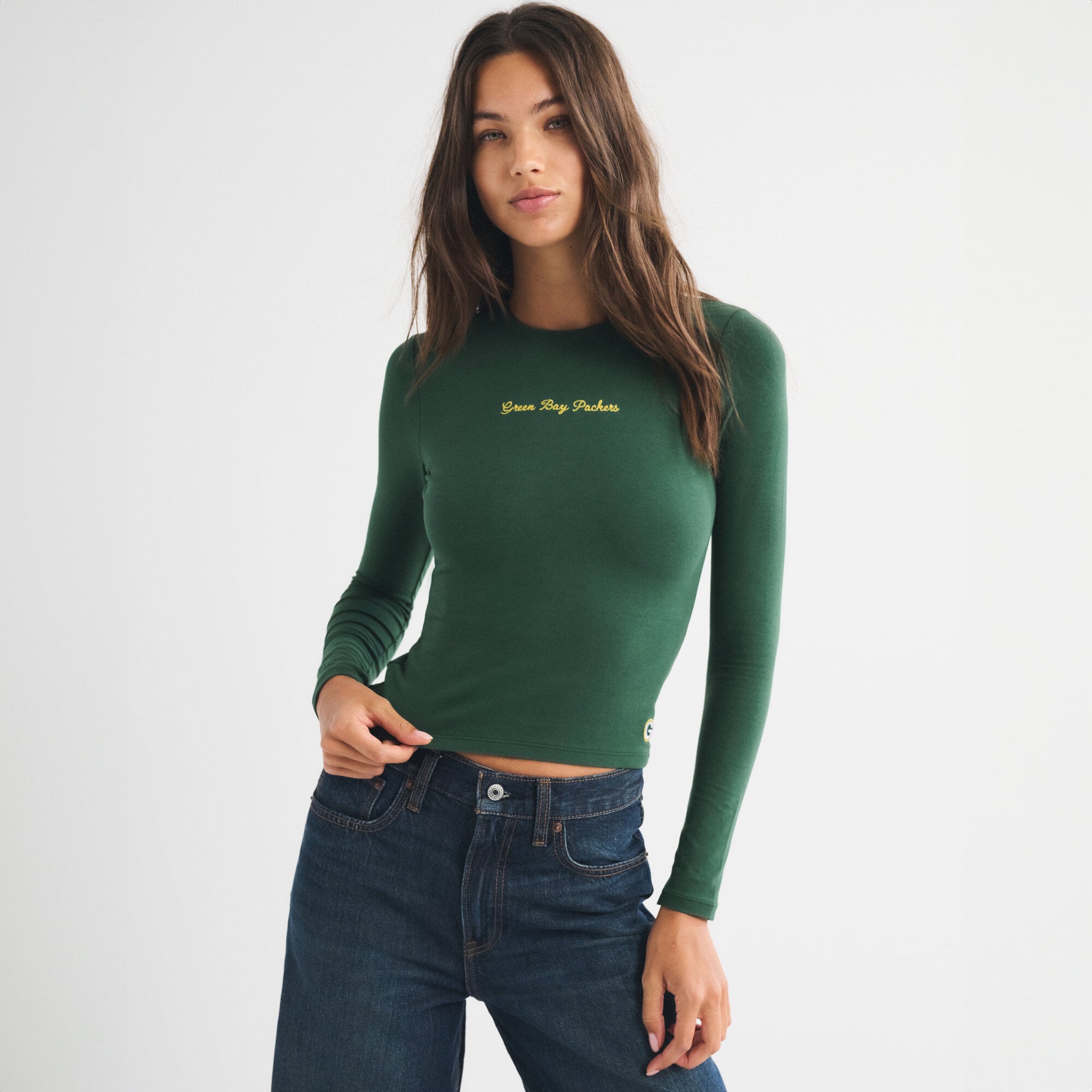 Women's Abercrombie & Fitch Green Green Bay Packers Script Long Sleeve T-Shirt