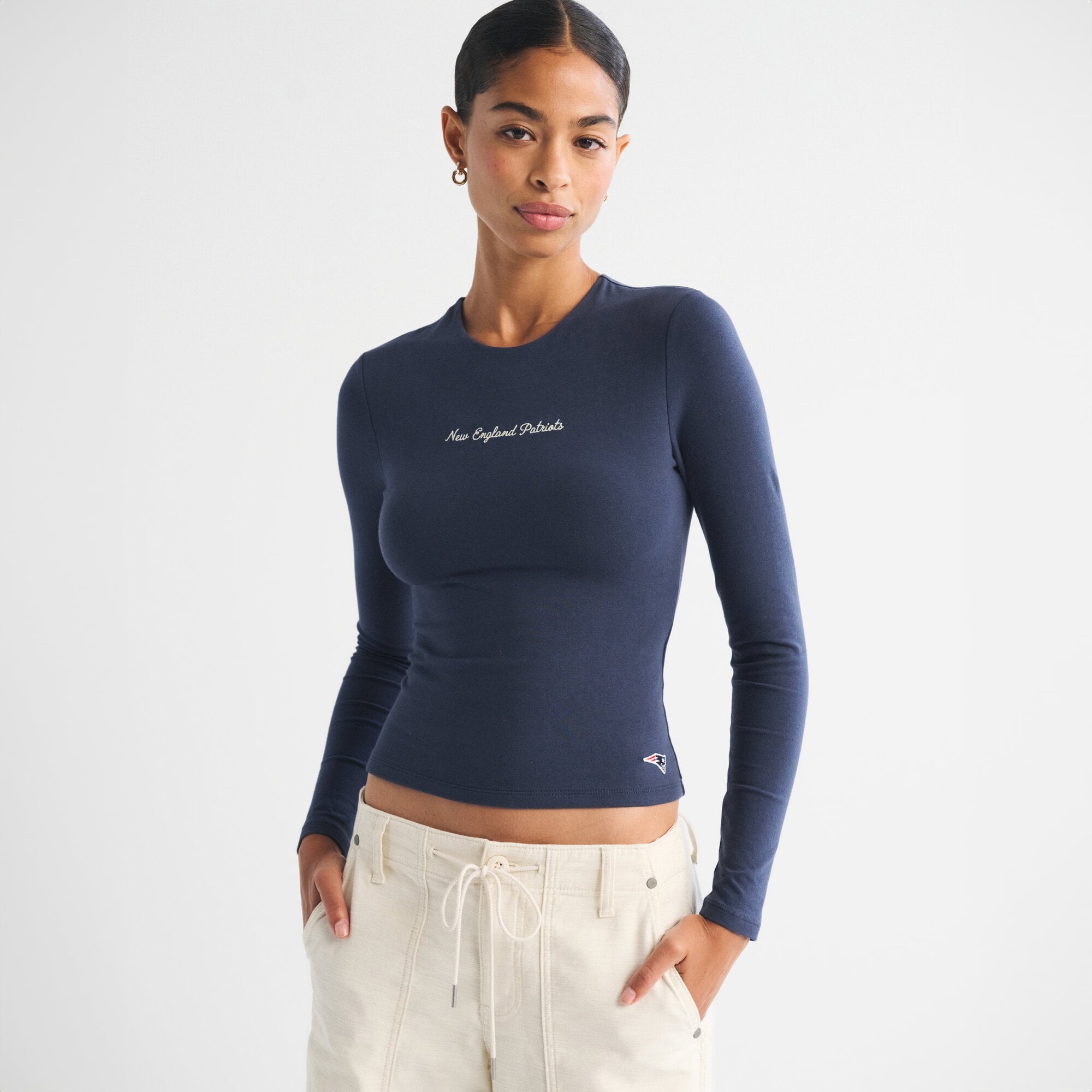 Women's Abercrombie & Fitch Navy New England Patriots Script Long Sleeve T-Shirt