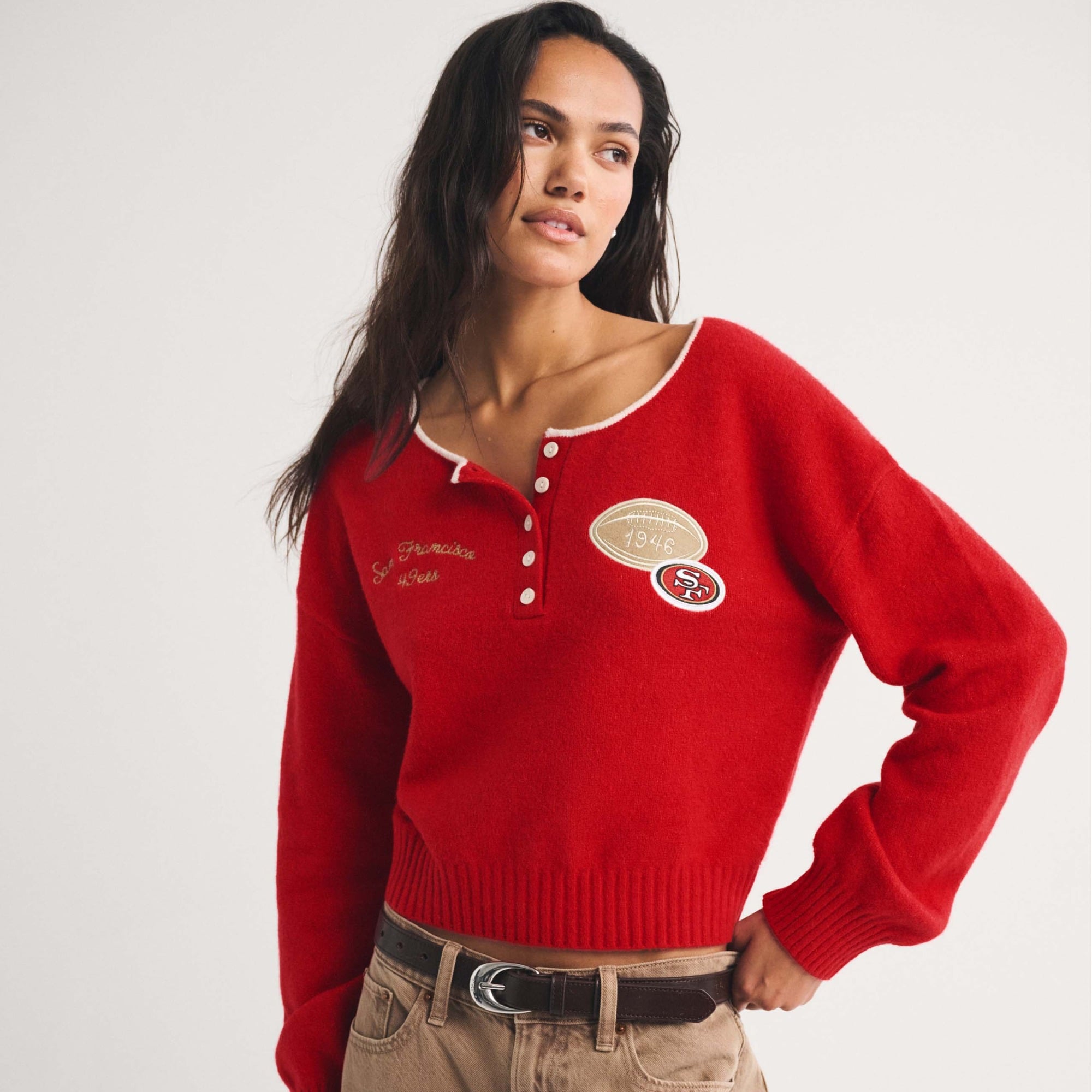 Women's Abercrombie & Fitch Scarlet San Francisco 49ers Merino Wool-Blend Henley Sweater
