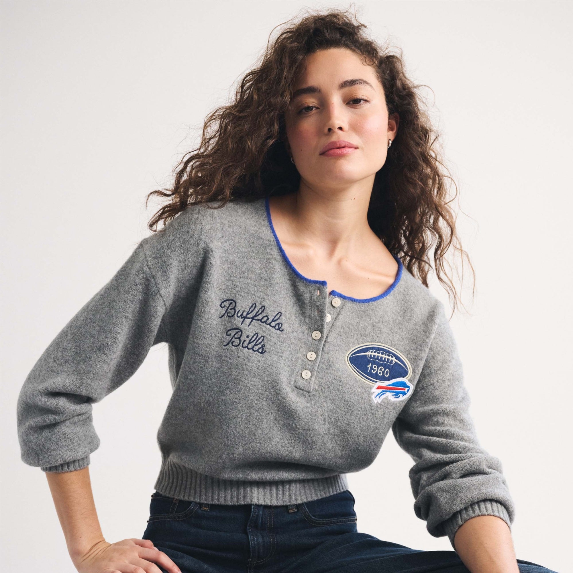 Women's Abercrombie & Fitch Gray Buffalo Bills Merino Wool-Blend Henley Sweater