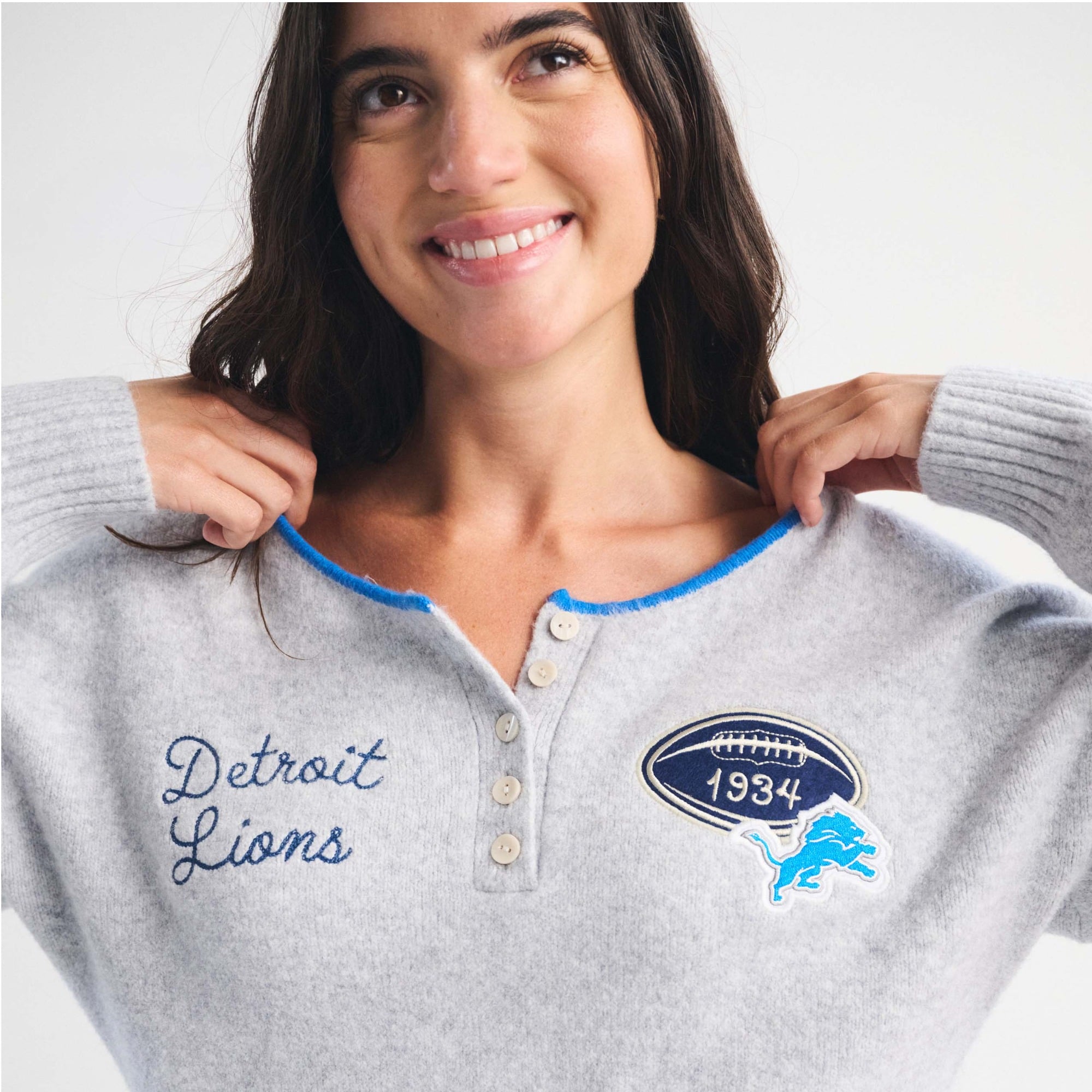 Women's Abercrombie & Fitch Heather Gray Detroit Lions Merino Wool-Blend Henley Sweater