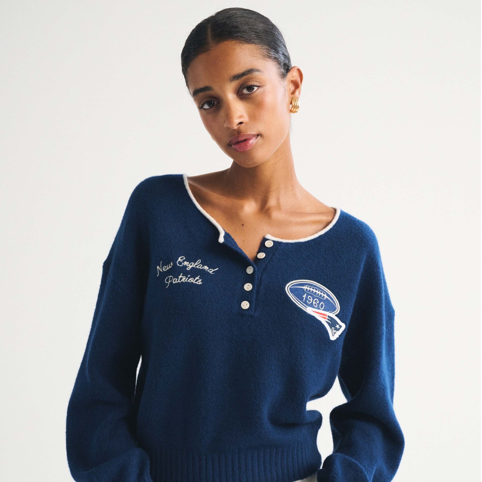 Women's Abercrombie & Fitch Navy New England Patriots Merino Wool-Blend Henley Sweater
