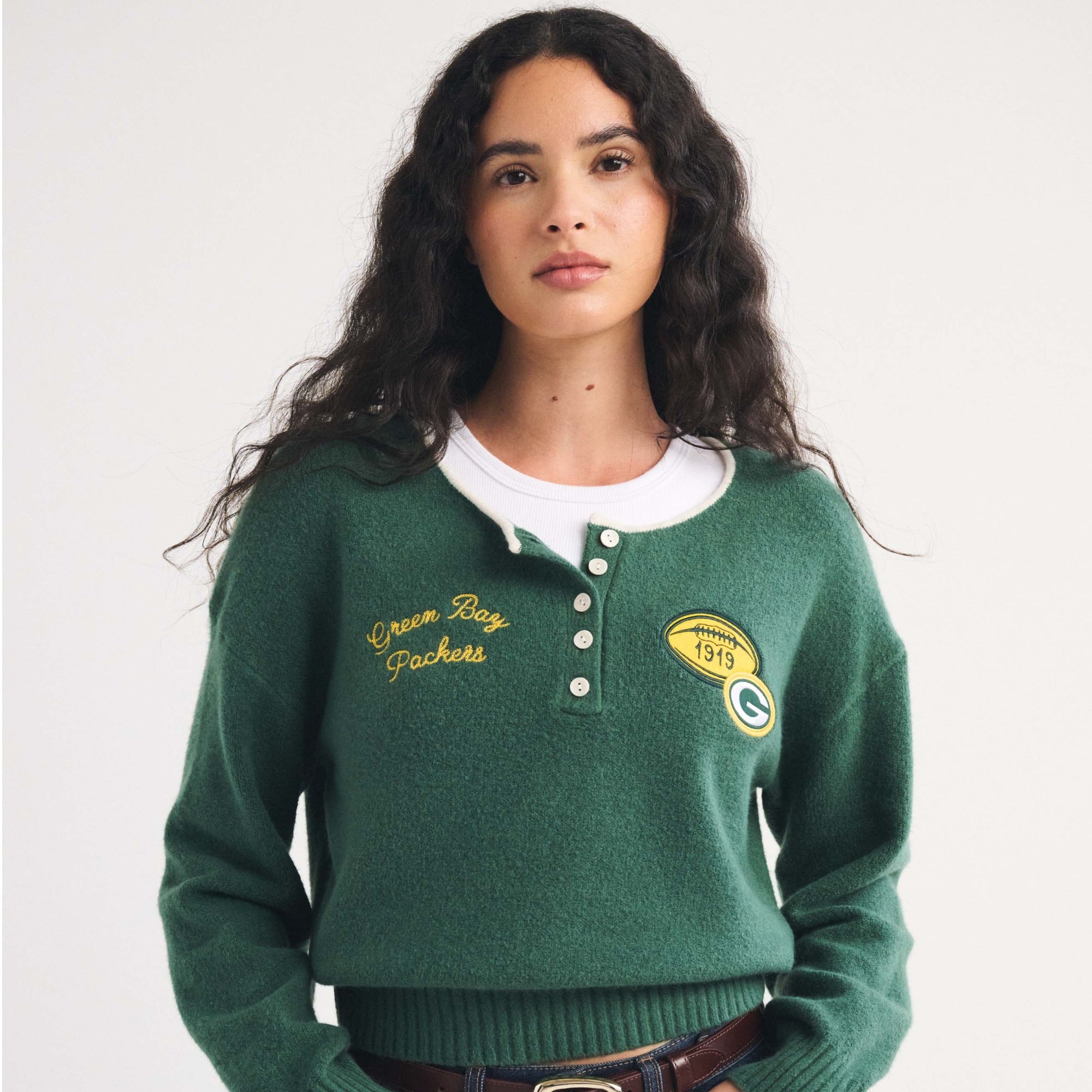 Women's Abercrombie & Fitch Green Green Bay Packers Merino Wool-Blend Henley Sweater