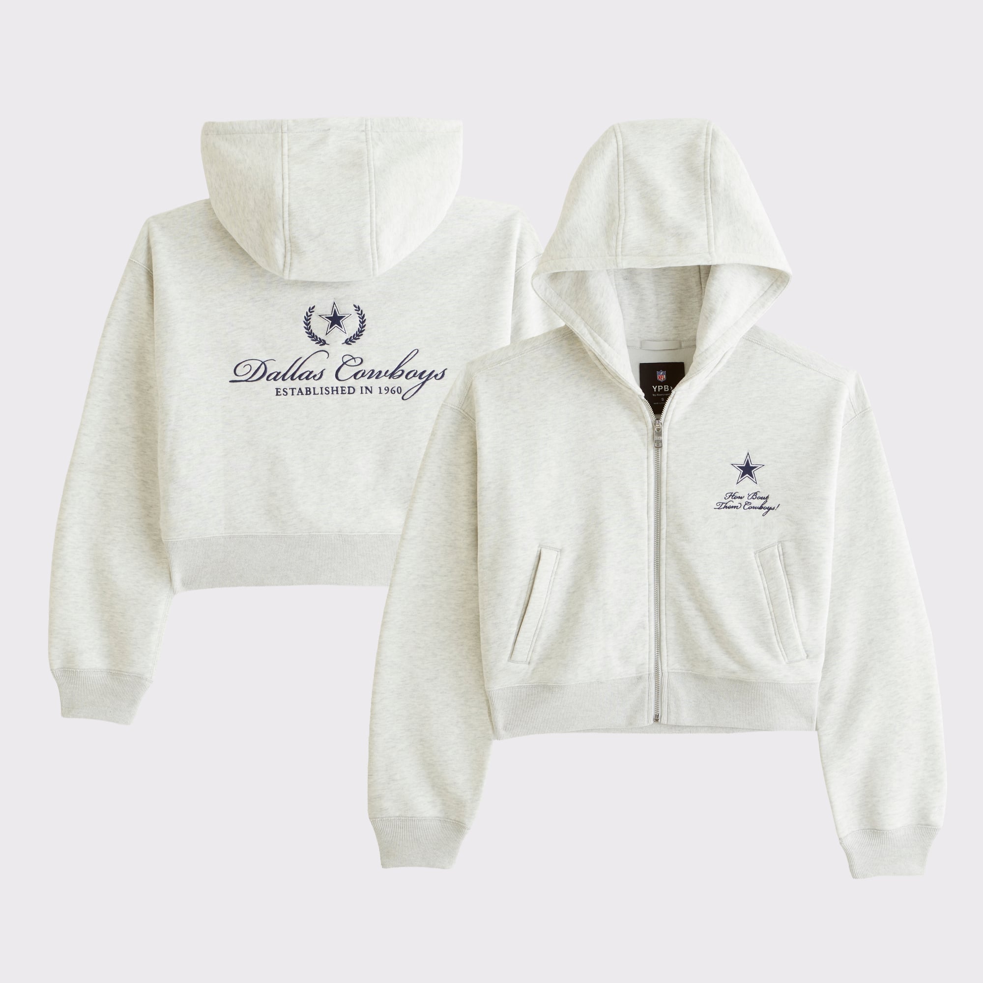 Damen-Kapuzenpullover von Abercrombie & Fitch in meliertem Grau mit Dallas Cowboys-Logo, YPB On The Go 6AM, durchgehender Reißverschluss
