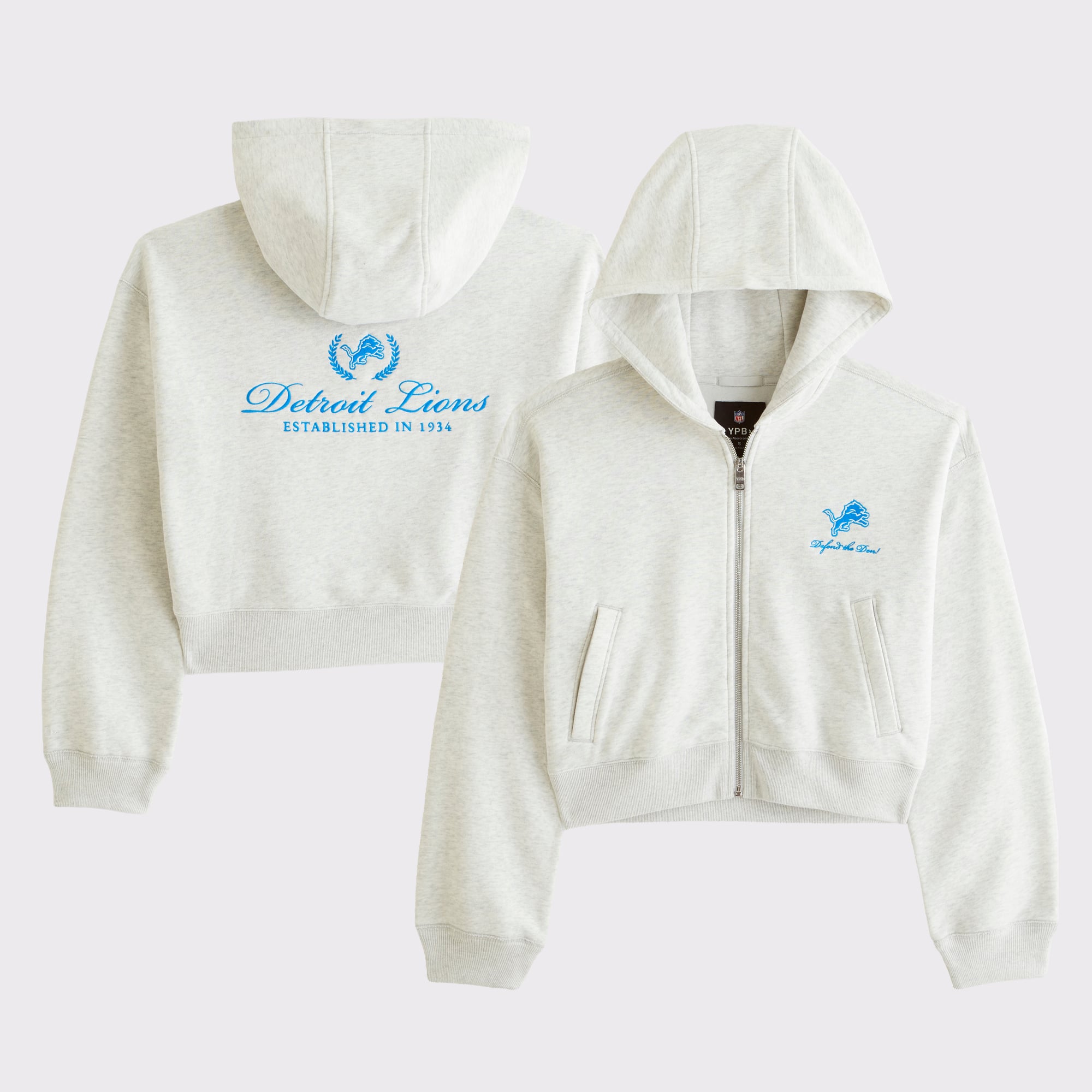 Abercrombie & Fitch Damen-Kapuzenpullover mit durchgehendem Reißverschluss, meliertes Grau, Detroit Lions YPB On The Go 6AM