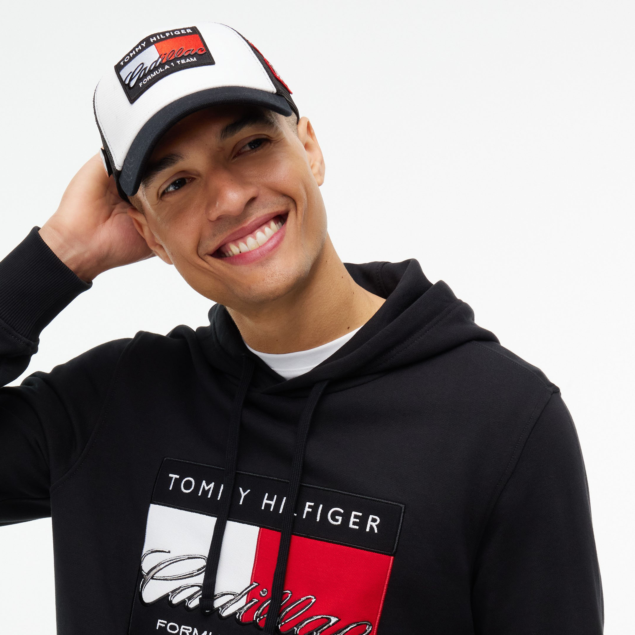Unisex Tommy Hilfiger  White Cadillac F1 Team Flag Trucker Adjustable Hat