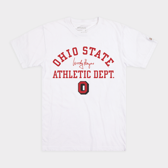 Unisex Homefield Woody Hayes White Ohio State Buckeyes 75th Anniversary Athletic Dept. T-Shirt
