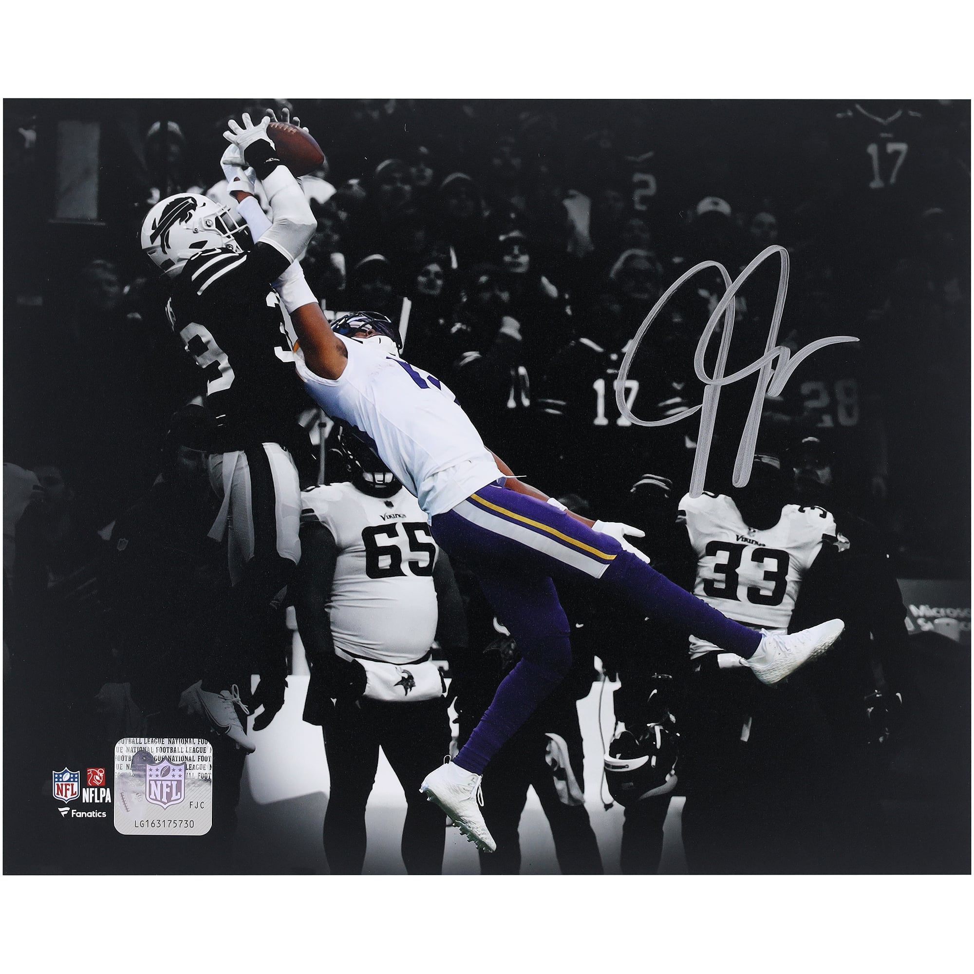 Justin Jefferson Minnesota Vikings Autographed 8" x 10" Spotlight Catch vs Bills - Signed in Silver Ink
