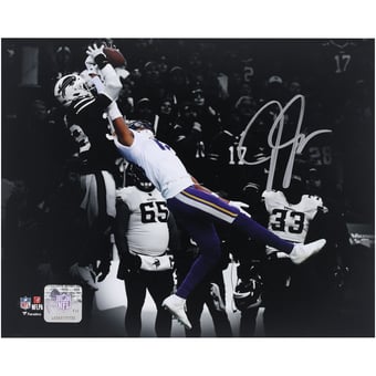 Justin Jefferson Minnesota Vikings Autographed 8" x 10" Spotlight Catch vs Bills - Signed in Silver Ink