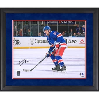 Adam Fox New York Rangers Autographed Framed 16" x 20" Blue Jersey with Puck Photograph - Suede Mat Upgrade