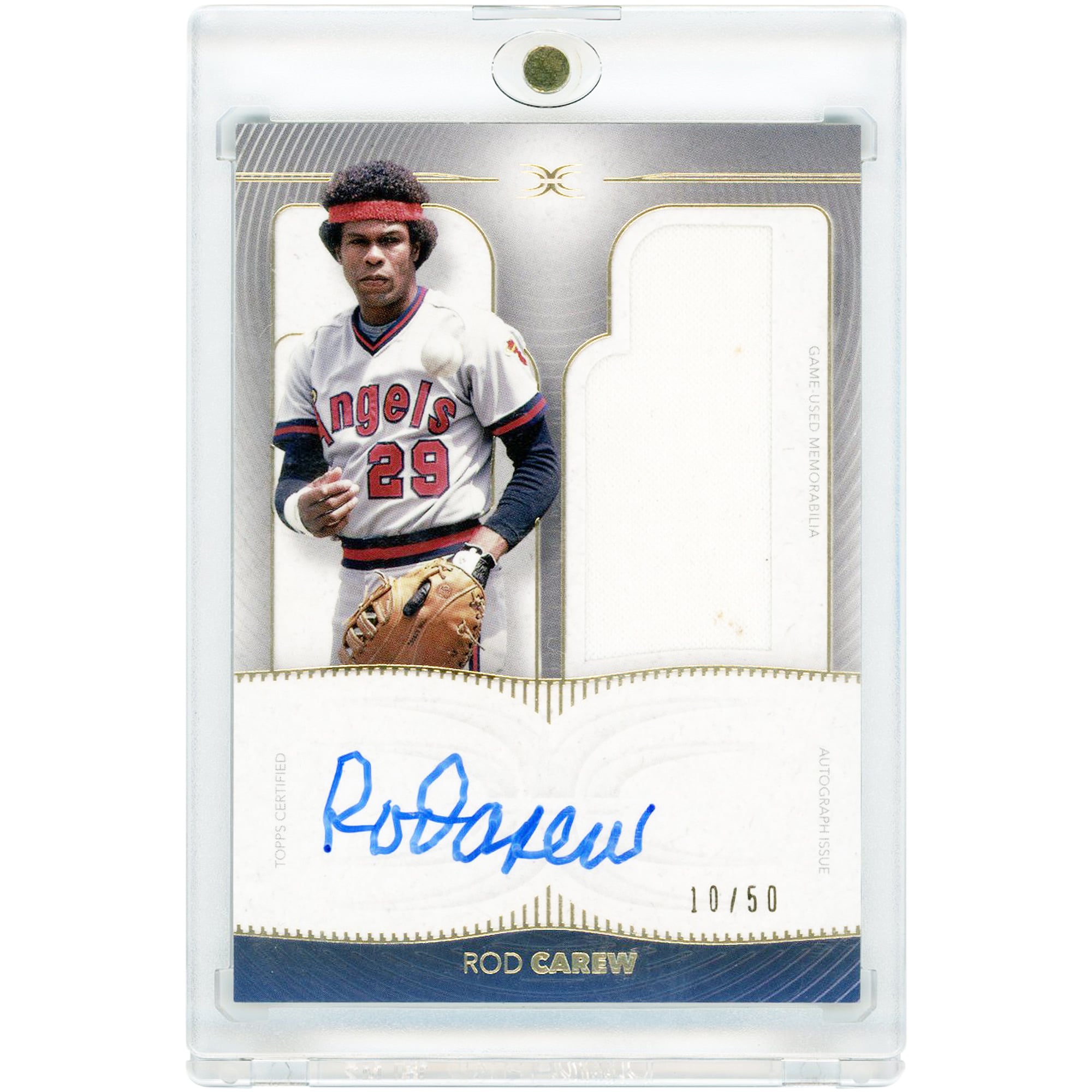 Rod Carew Los Angeles Angels Autographed 2021 Topps Definitive Collection Game-Used Relic #DARC-RCA #10/50 Card. rookie card picture