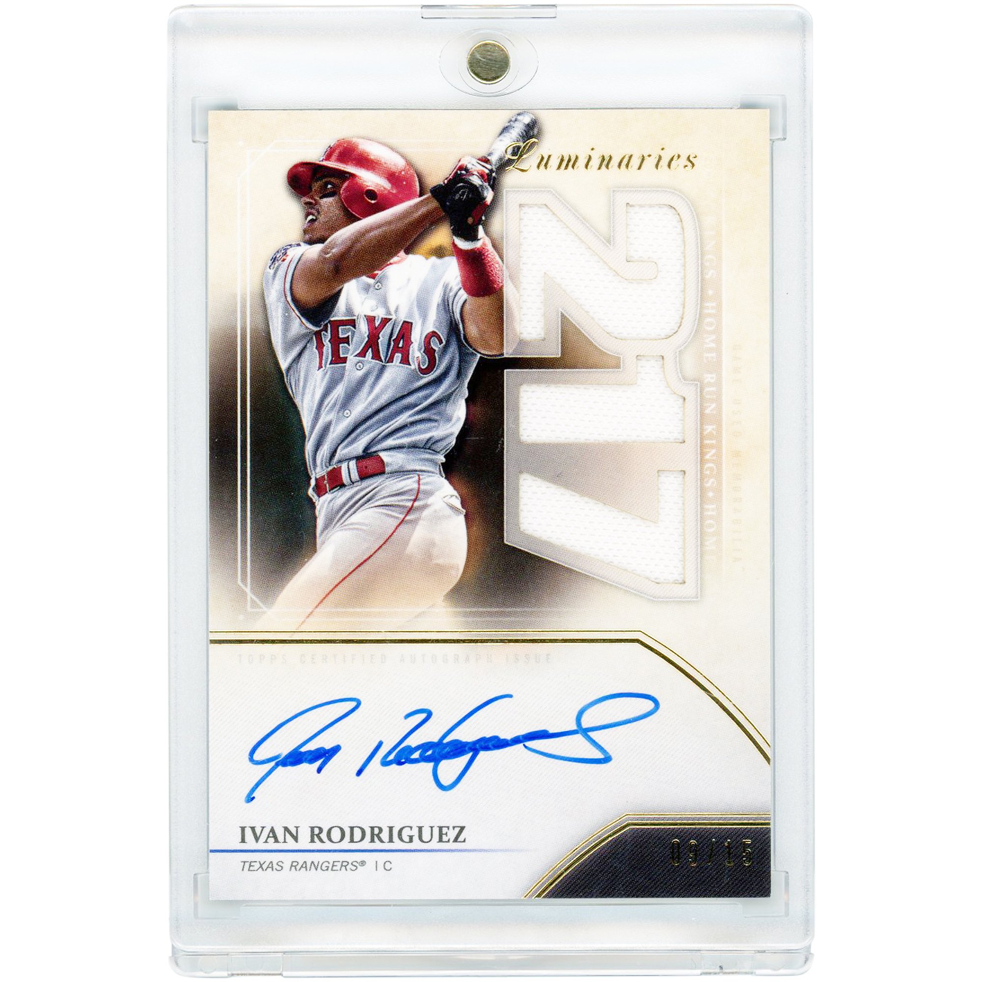 Ivan Rodriguez Texas Rangers Autographed 2020 Topps Luminaries Triple Game-Used Relics #HRKAR-IR #9/15 Card