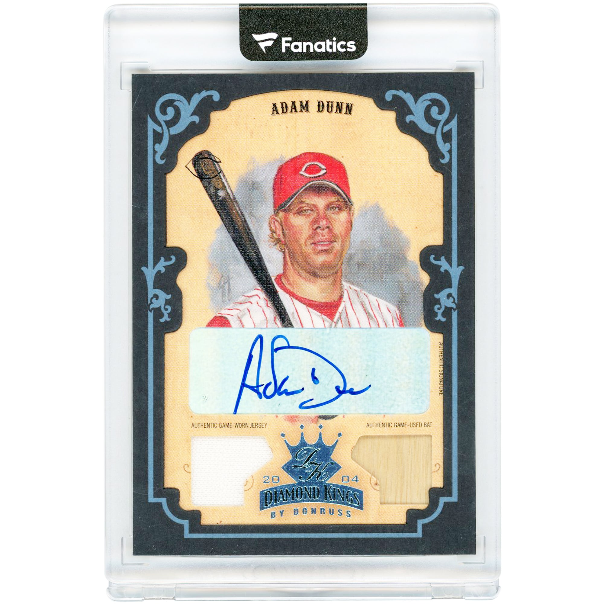Tarjeta autografiada de Adam Dunn de los Cincinnati Reds de 2004, Donruss Diamond Kings Platinum, con fragmentos de bate y camiseta usados ​​en juego, número 40, número 1/1.