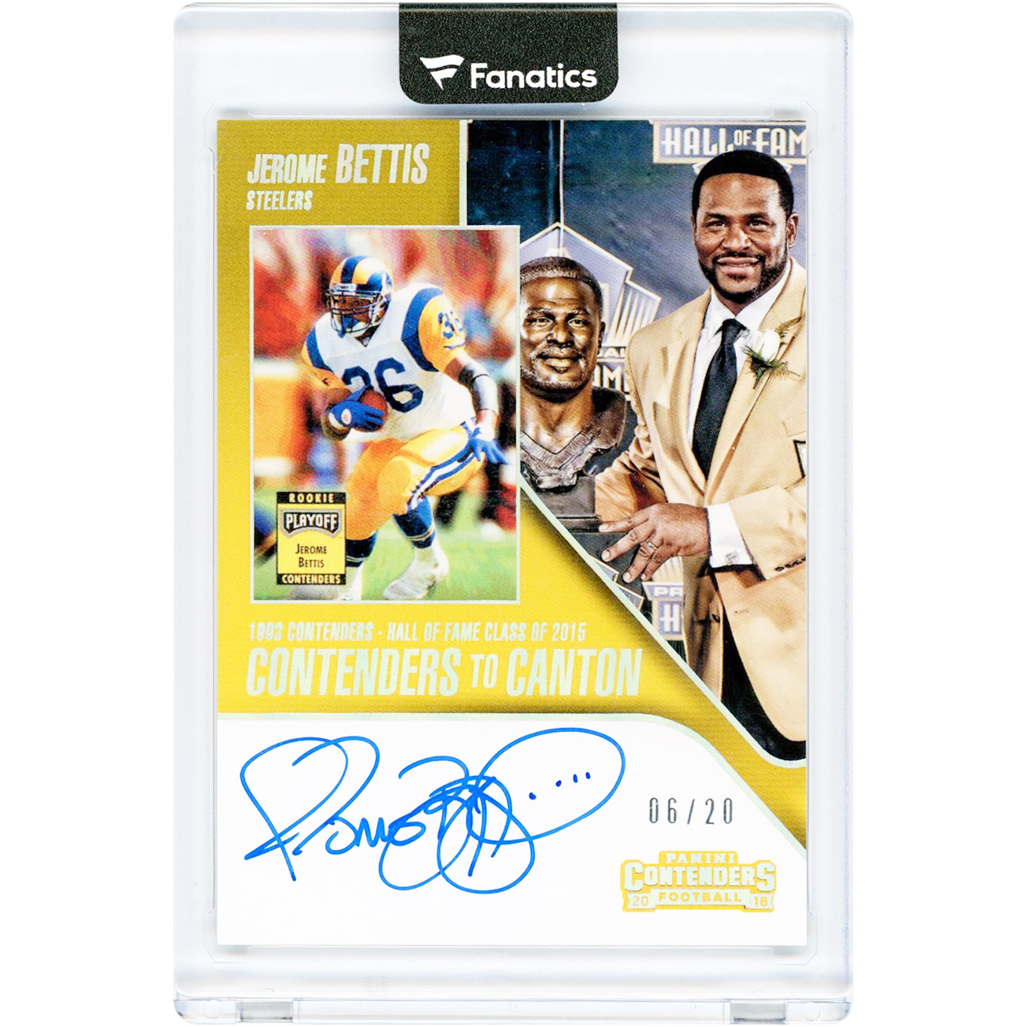 Jerome Bettis Pittsburgh Steelers Autographed 2018 Panini Contenders to Canton #CCA-JB #6/20 Card. rookie card picture
