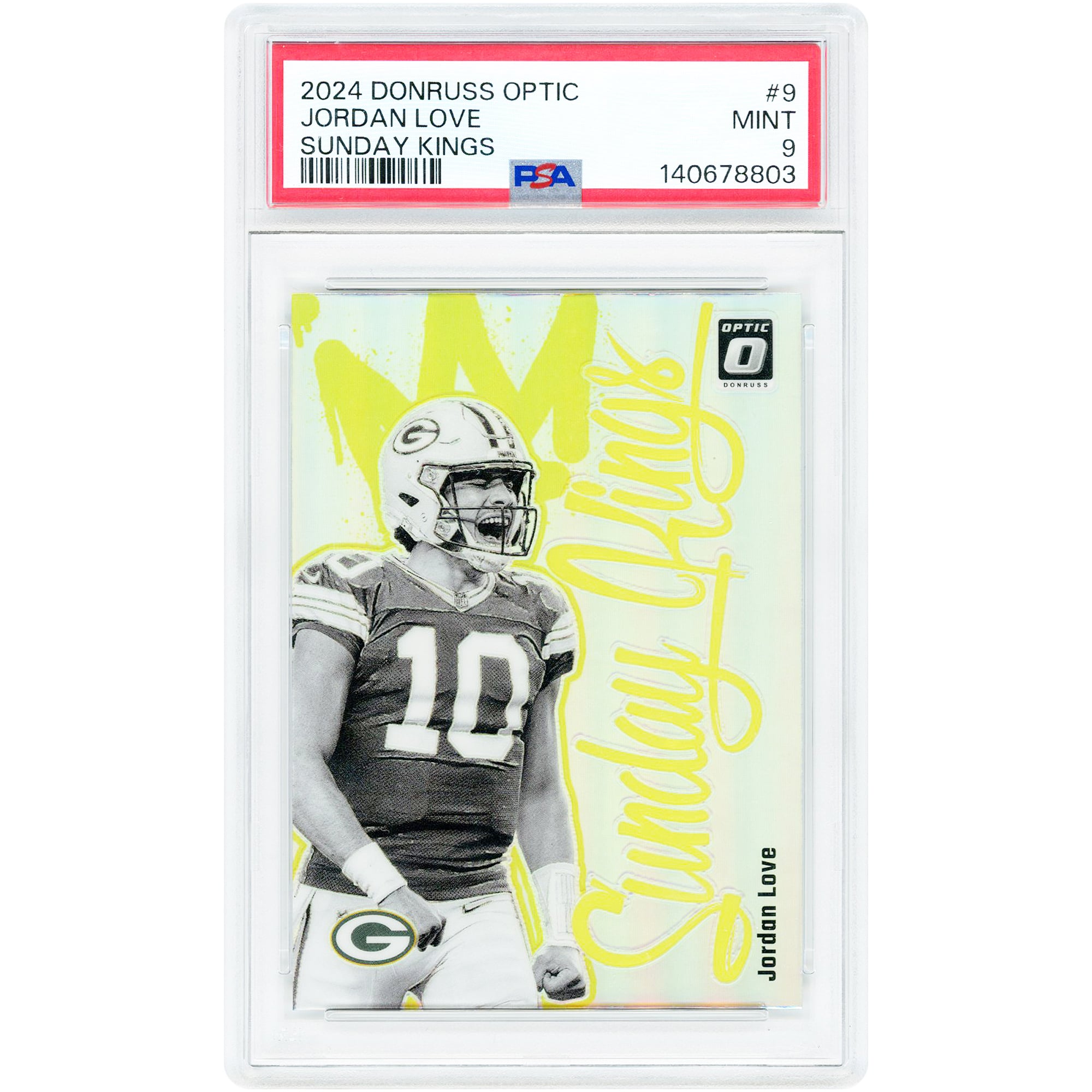 Tarjeta Jordan Love Green Bay Packers 2024 Panini Donruss Optic Sunday Kings Case Hit #9 Autenticada por PSA 9