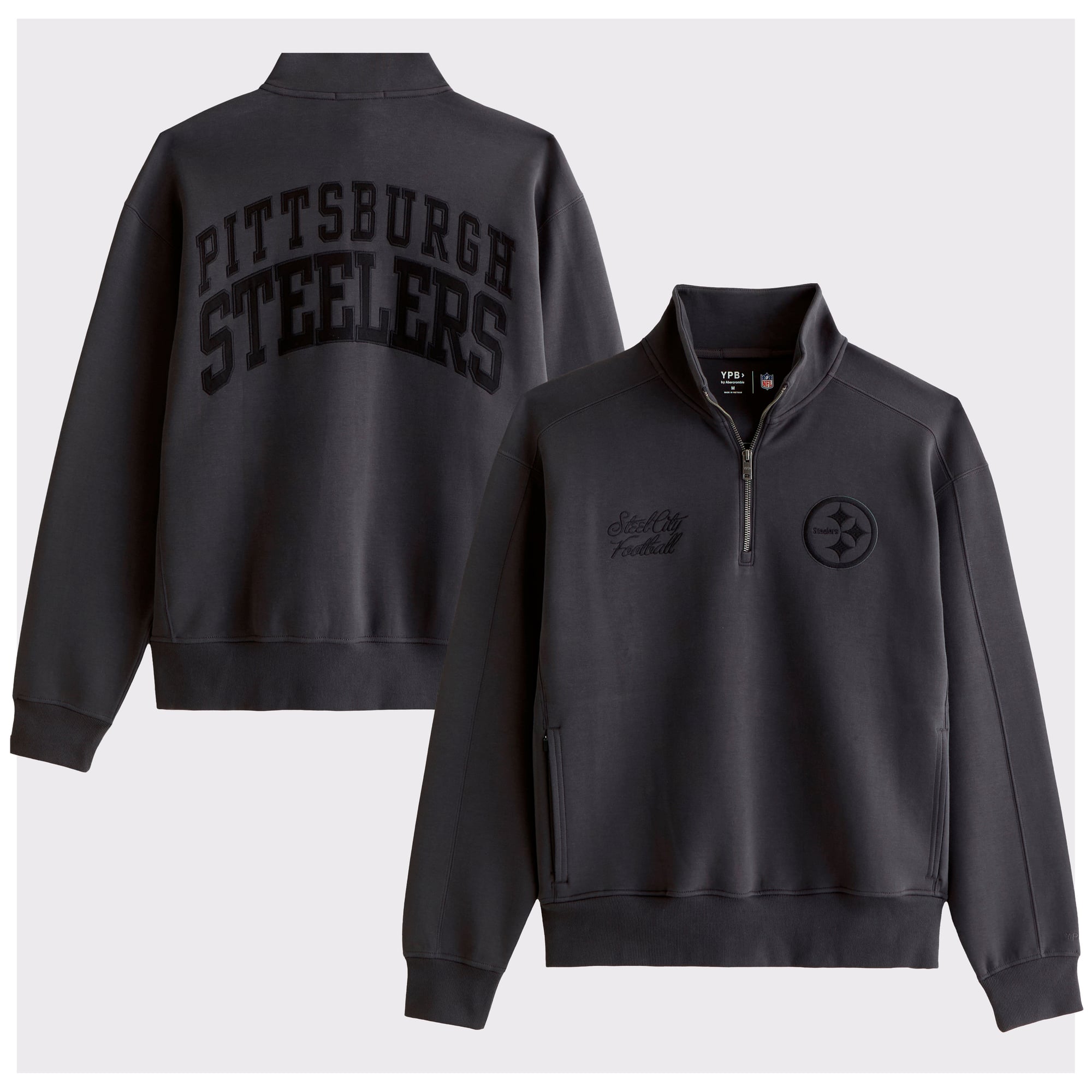Schwarzes Herren-Top von Abercrombie & Fitch mit Pittsburgh Steelers-Logo, YPB neoKNIT MAX-Logo und halbem Reißverschluss