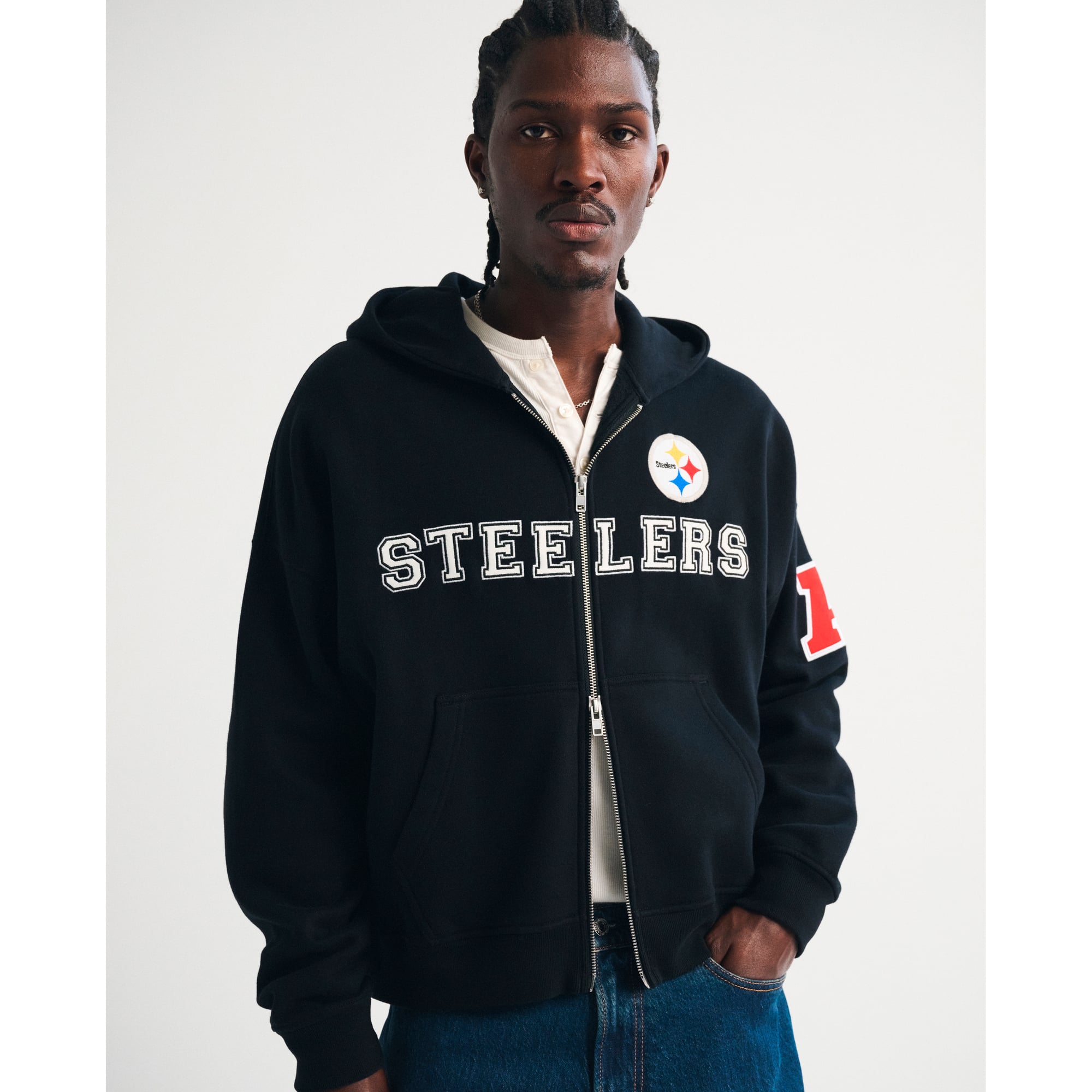 Schwarzer Herren-Fleece-Hoodie mit durchgehendem Reißverschluss von Abercrombie & Fitch, Pittsburgh Steelers