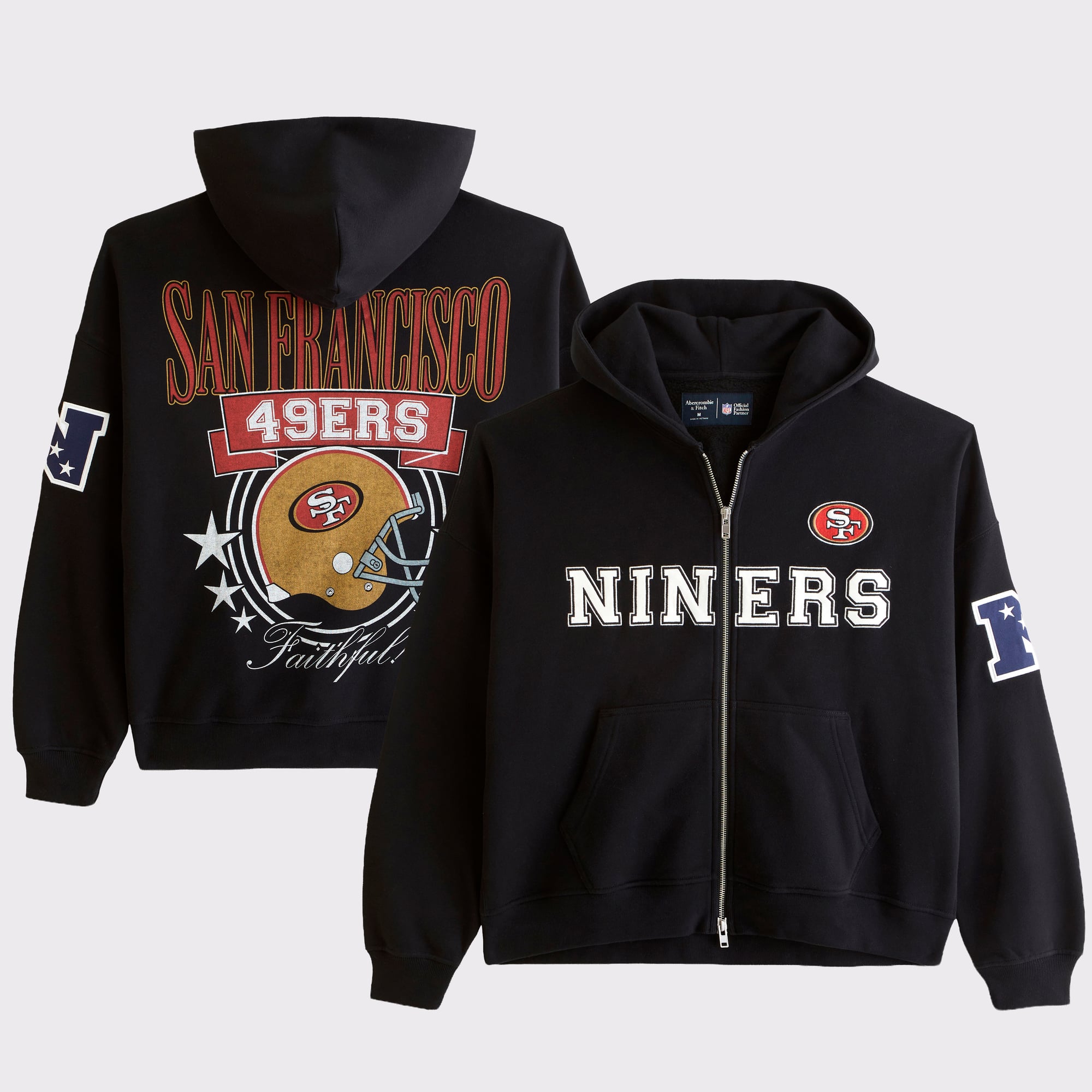 Schwarzer Herren-Fleece-Hoodie von Abercrombie & Fitch mit durchgehendem Reißverschluss und San Francisco 49ers-Logo