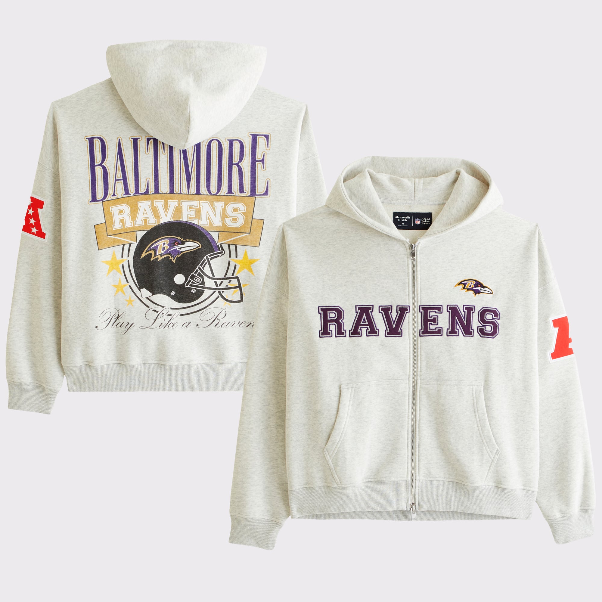 Abercrombie & Fitch Herren-Fleece-Kapuzenpullover mit durchgehendem Reißverschluss und grauem Baltimore Ravens-Logo