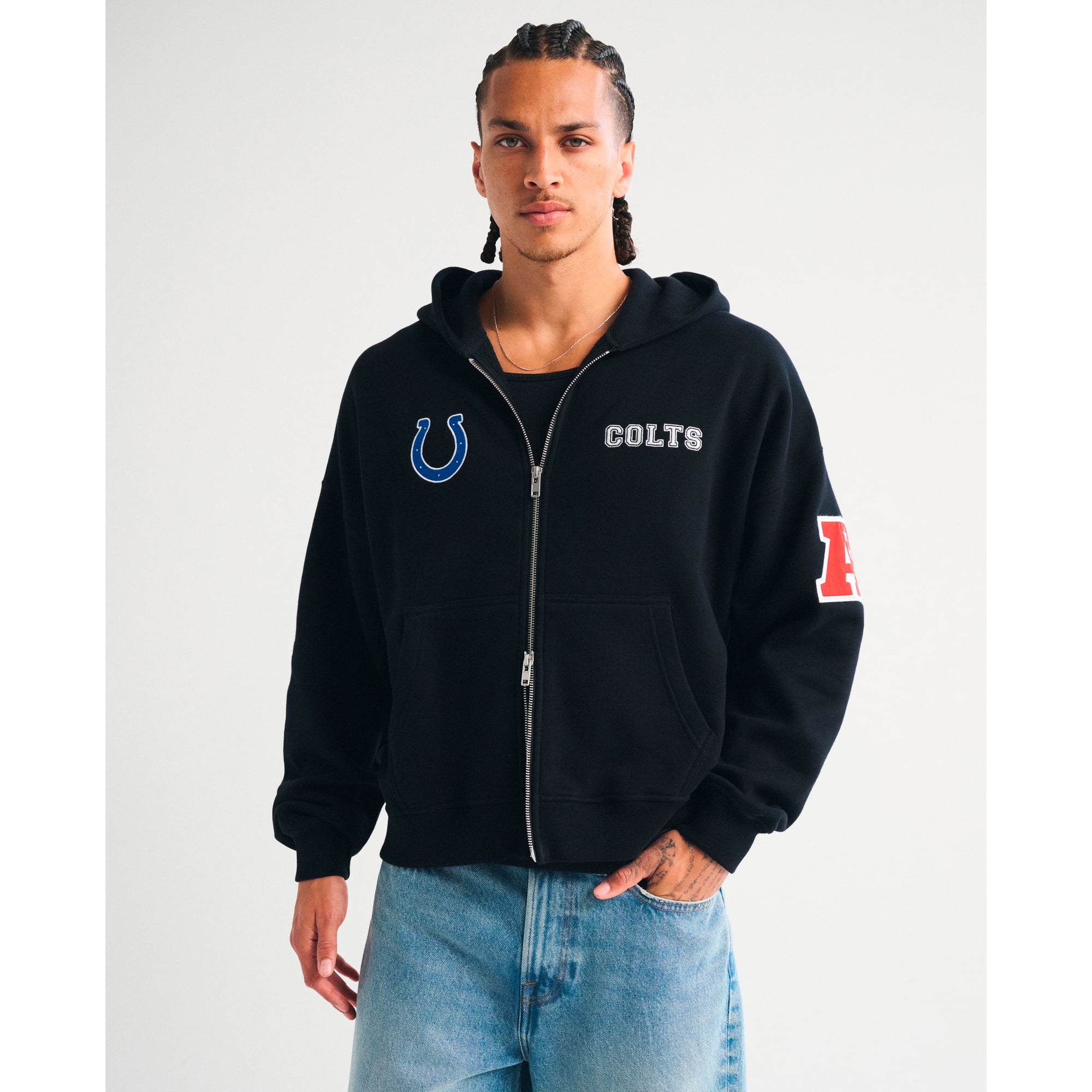 Abercrombie & Fitch Herren-Fleece-Kapuzenpullover mit durchgehendem Reißverschluss und Indianapolis Colts-Logo in Schwarz