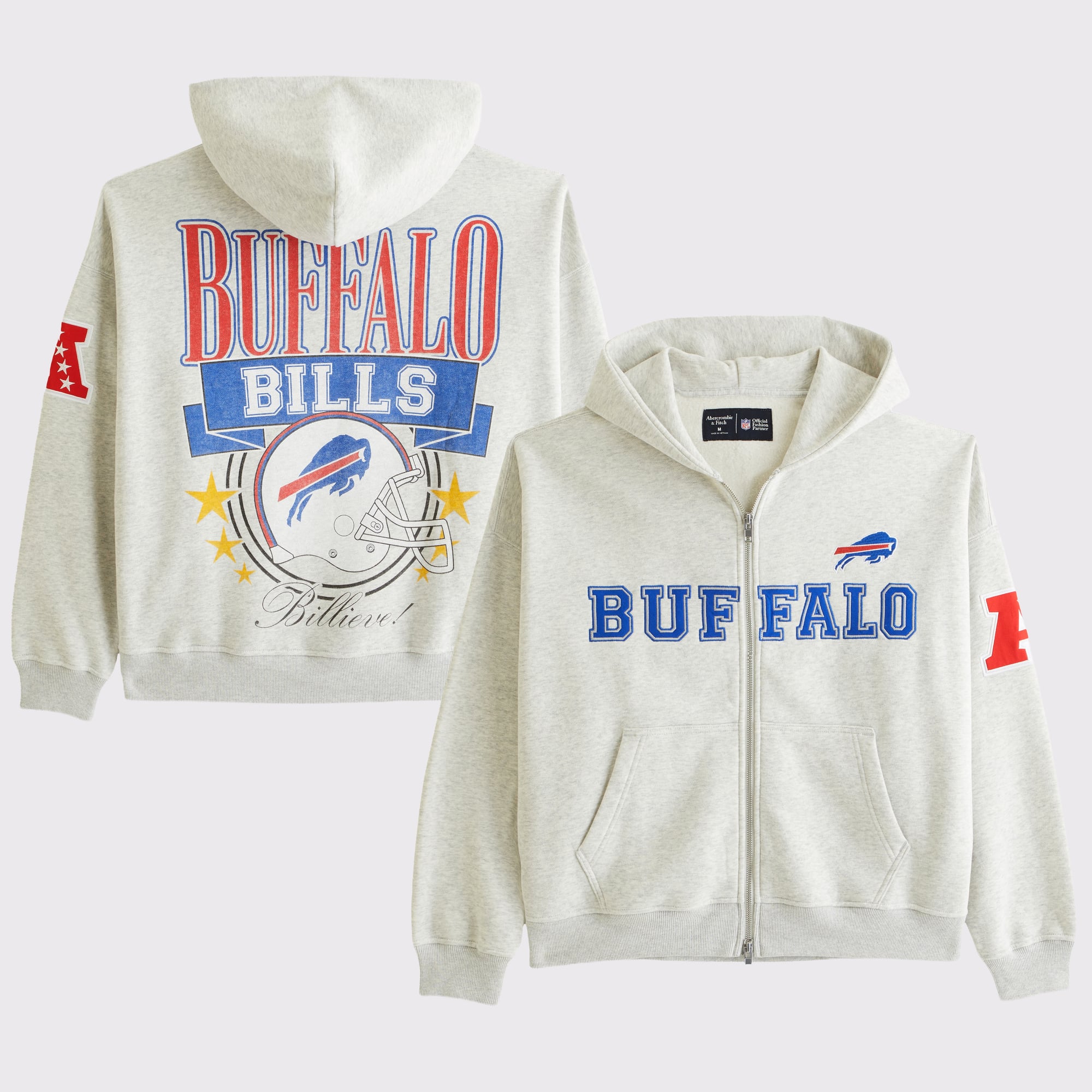 Abercrombie & Fitch Herren-Fleece-Kapuzenpullover mit durchgehendem Reißverschluss und Buffalo Bills-Logo in Grau