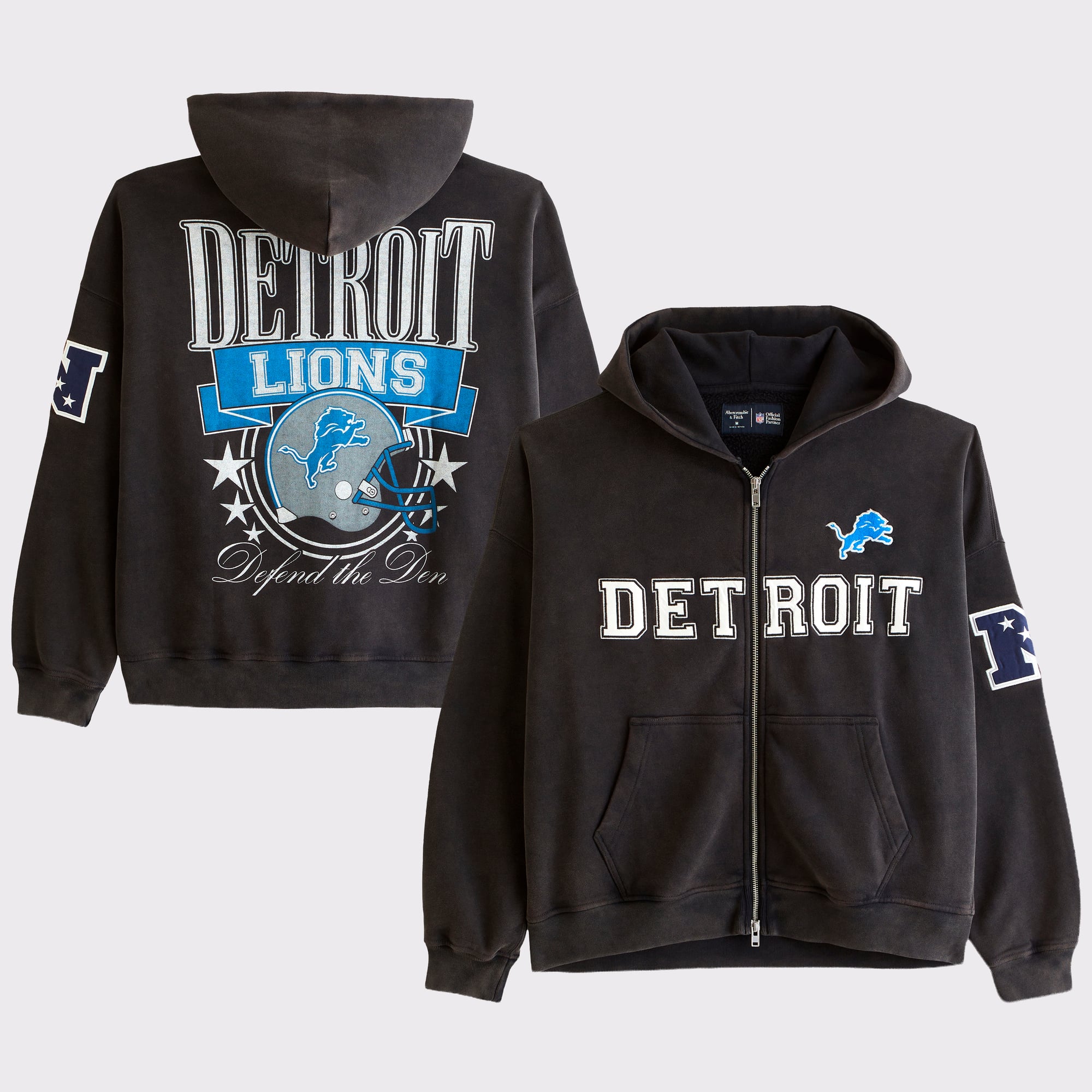 Abercrombie & Fitch Herren-Fleece-Kapuzenpullover mit durchgehendem Reißverschluss und Detroit Lions-Logo in Schwarz