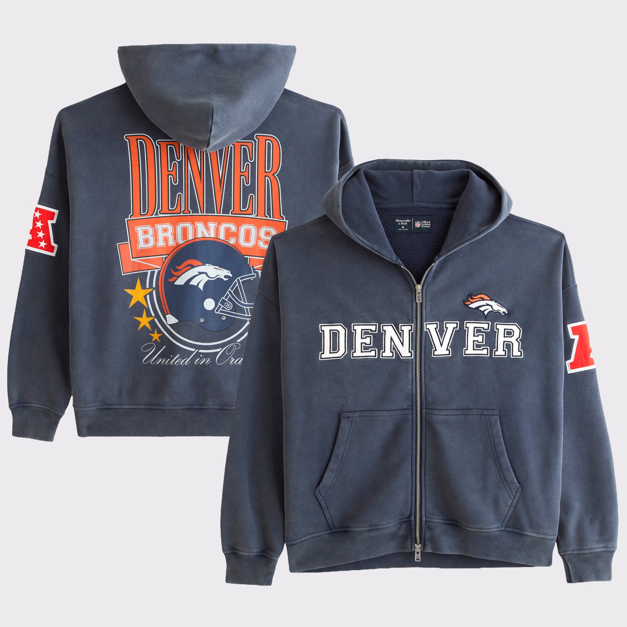 Herren-Fleece-Kapuzenjacke von Abercrombie & Fitch mit durchgehendem Reißverschluss und Denver Broncos-Motiv in Marineblau