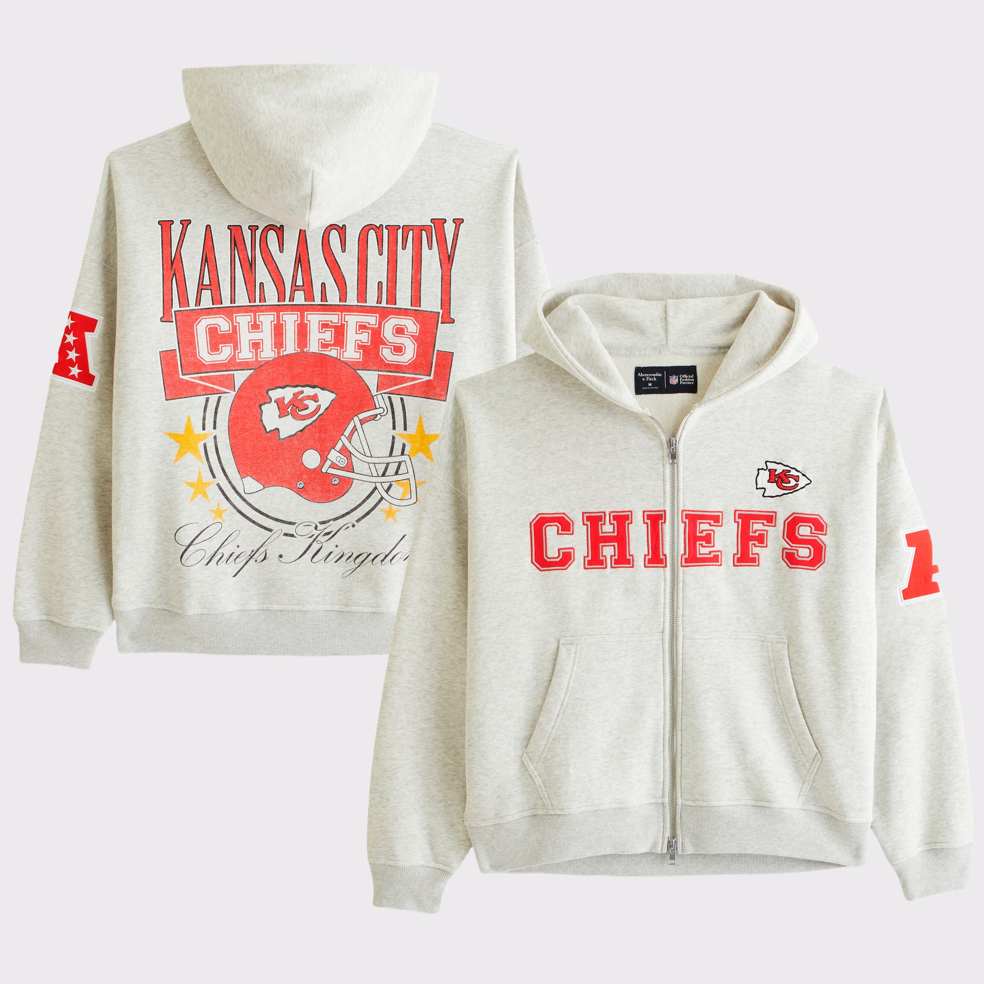 Abercrombie & Fitch Herren-Fleece-Kapuzenpullover mit durchgehendem Reißverschluss und grauem Kansas City Chiefs-Logo