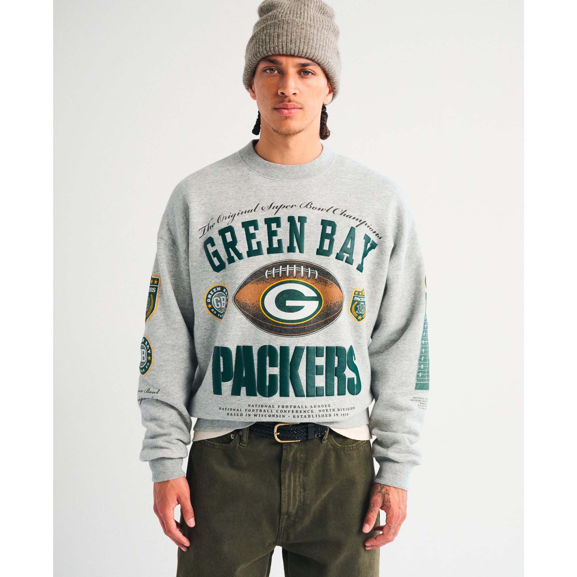Herren-Fleece-Sweatshirt von Abercrombie & Fitch in Grau und Grün mit Bay Packers-Logo