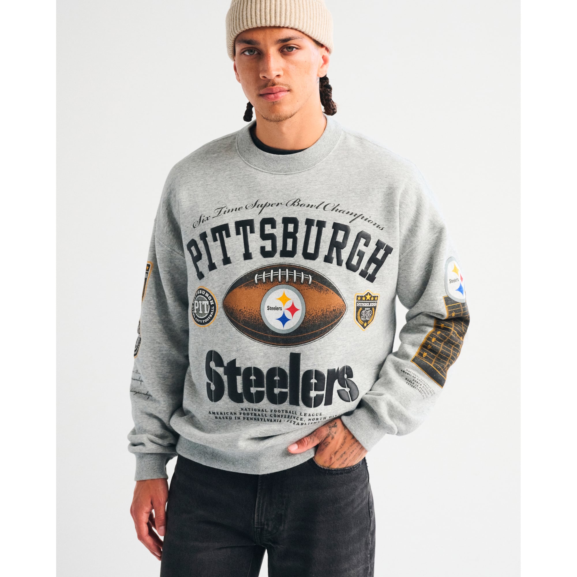 Abercrombie & Fitch Herren-Fleece-Sweatshirt in Grau mit Pittsburgh Steelers-Logo