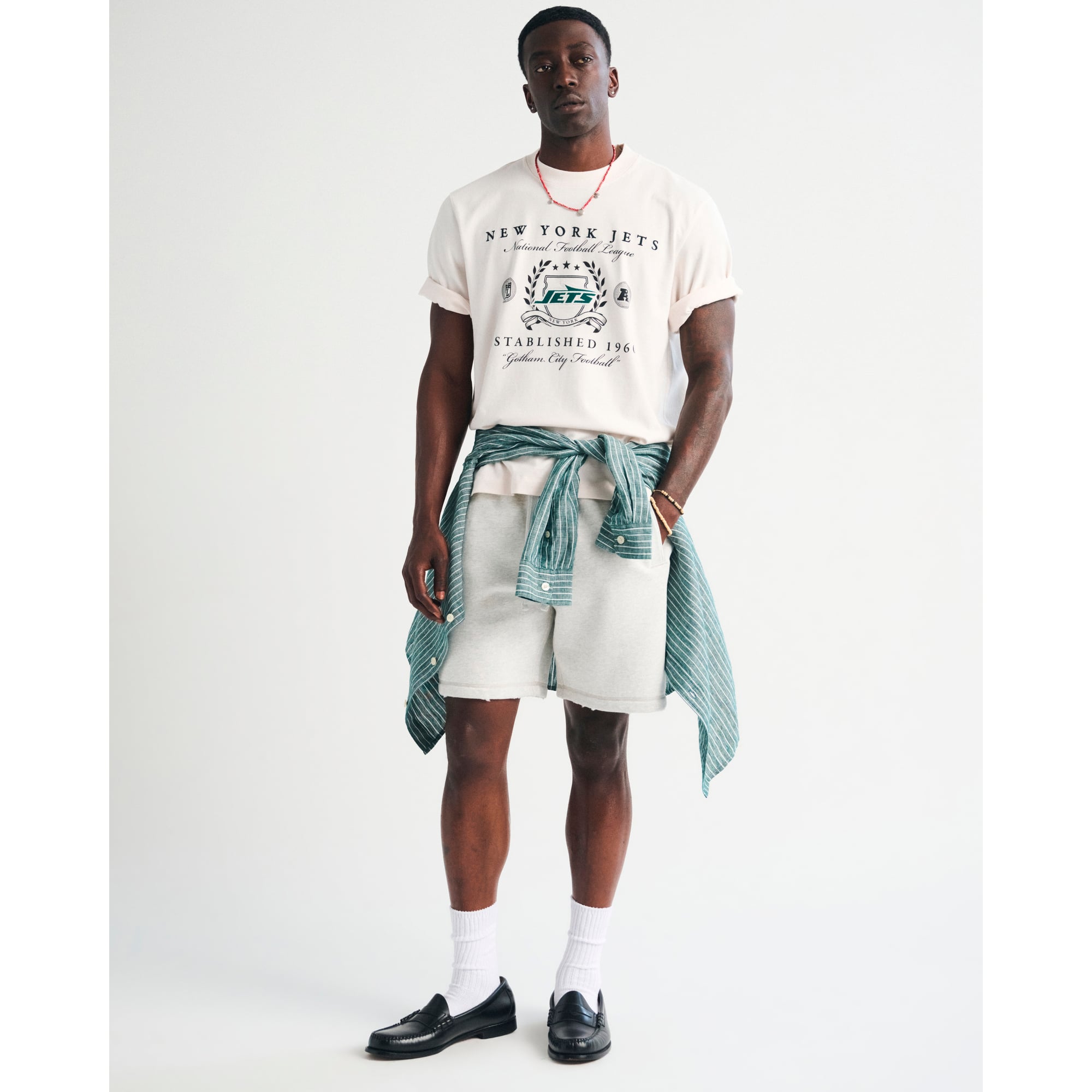 Abercrombie & Fitch Herren-T-Shirt in Creme mit New York Jets-Logo, Premium-Qualität, schweres Material