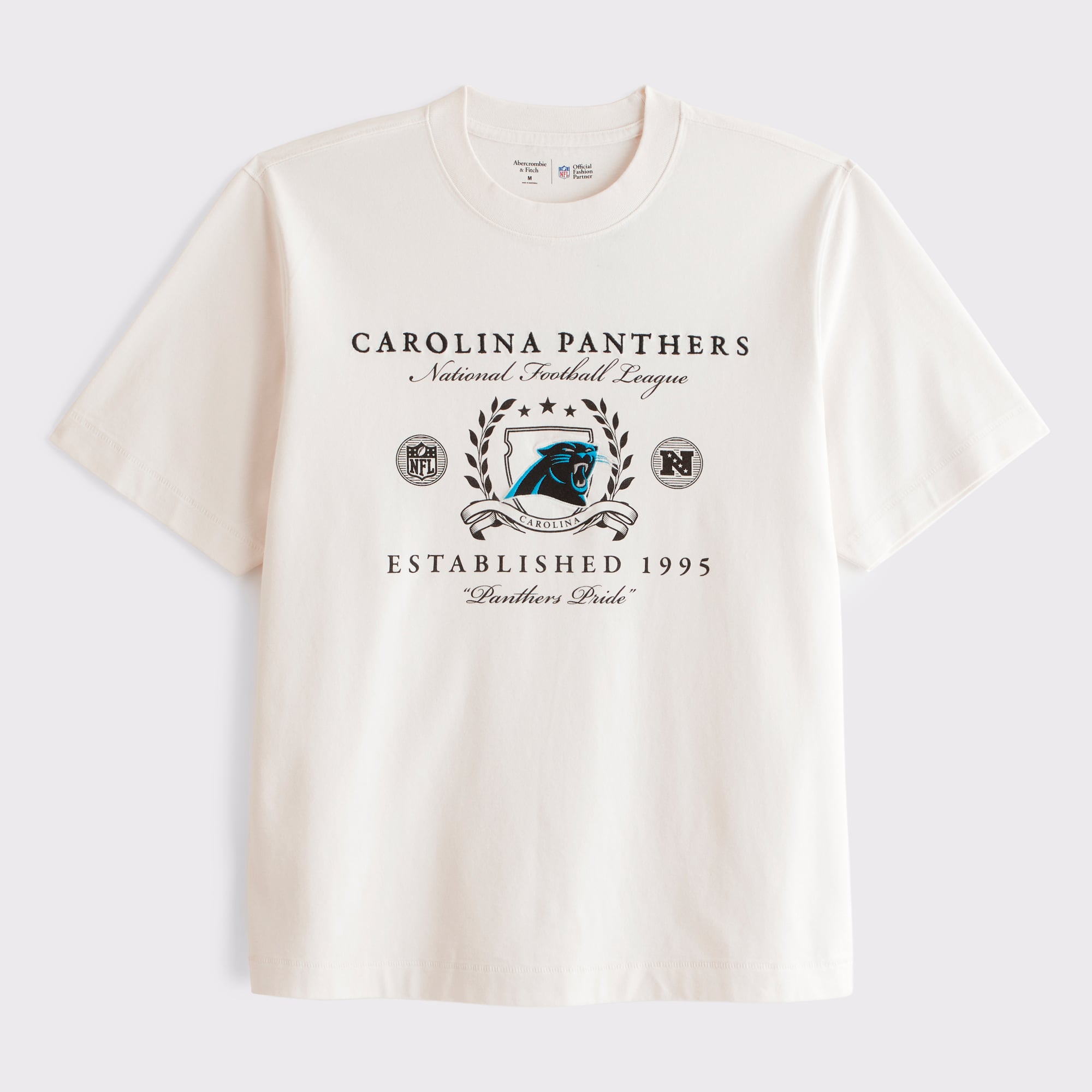 Abercrombie & Fitch Herren-T-Shirt in Creme mit Carolina Panthers-Motiv, Premium-Qualität, schweres Material