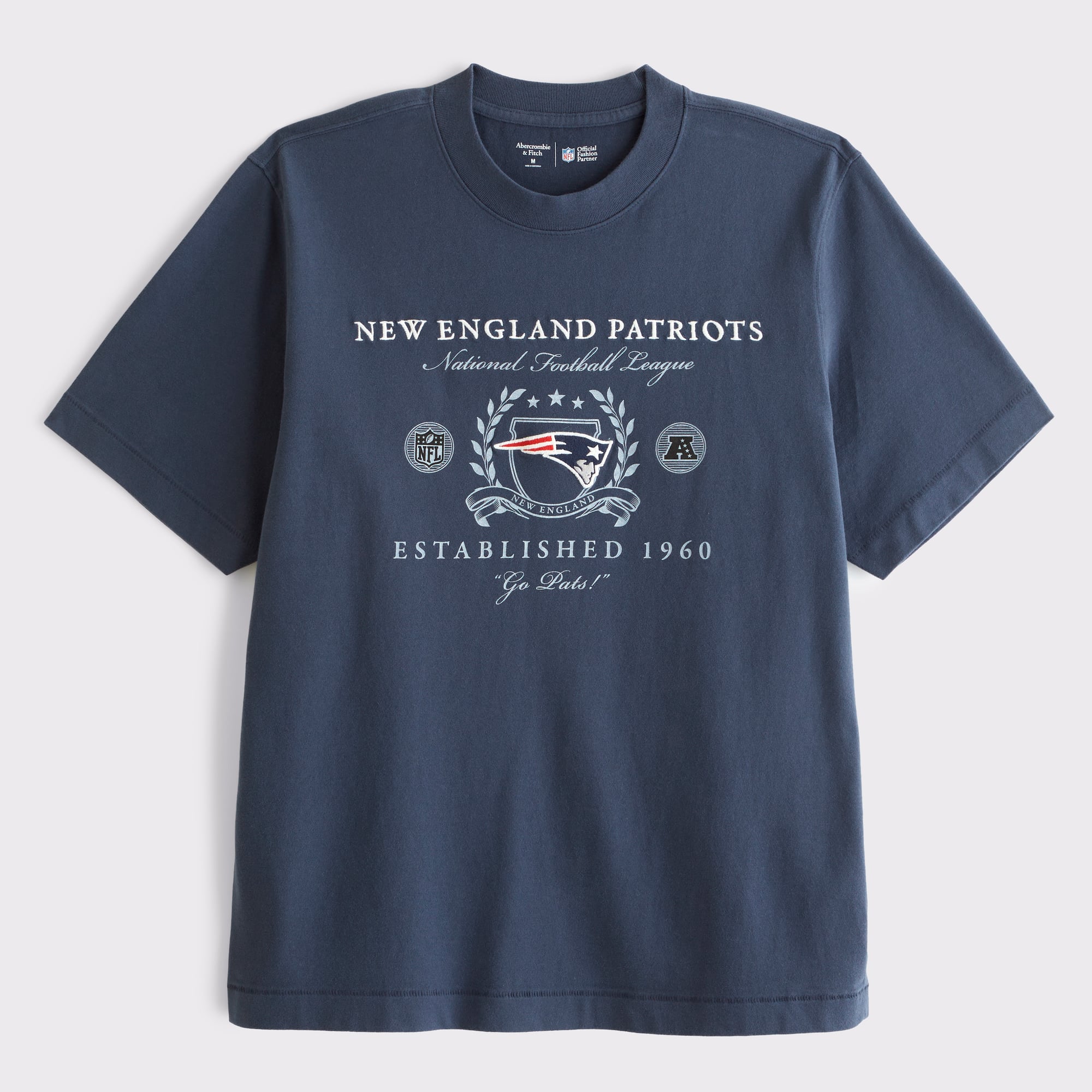 Abercrombie & Fitch Herren-T-Shirt in Marineblau mit New England Patriots-Logo, Premium-Qualität, schweres Material