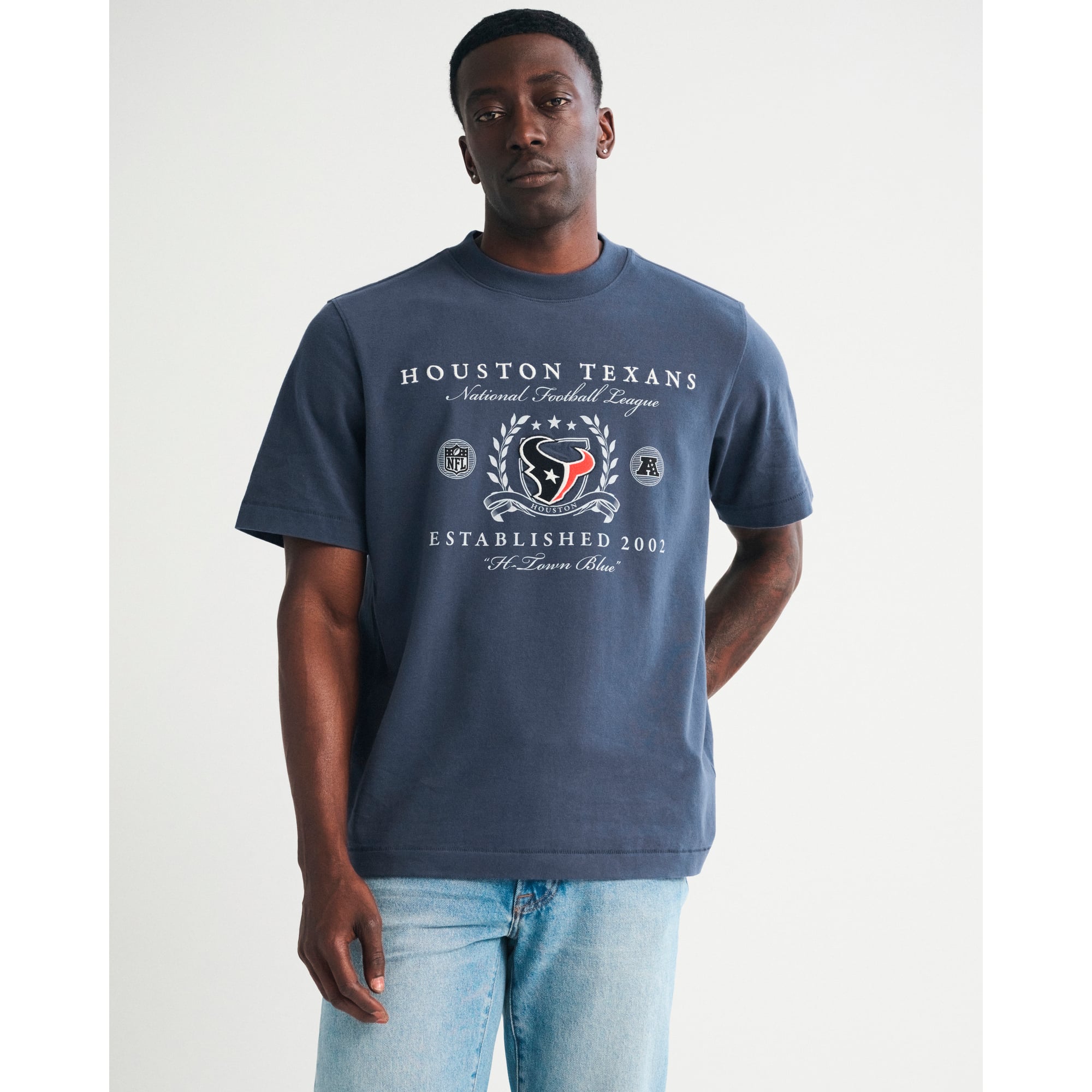 Abercrombie & Fitch Herren-T-Shirt in Marineblau mit Houston Texans-Logo, Premium-Qualität, schweres Material