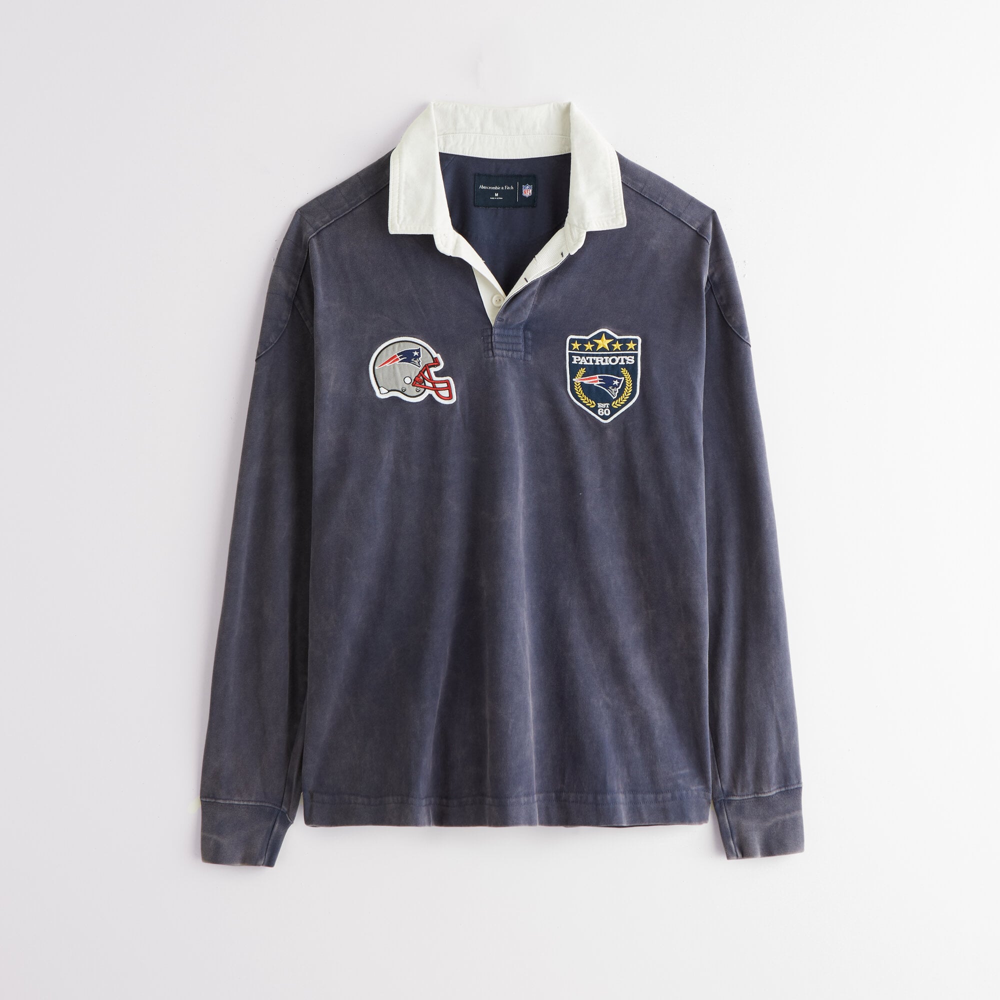 Abercrombie & Fitch Herren-Rugbyshirt aus blauem Strick mit New England Patriots-Logo