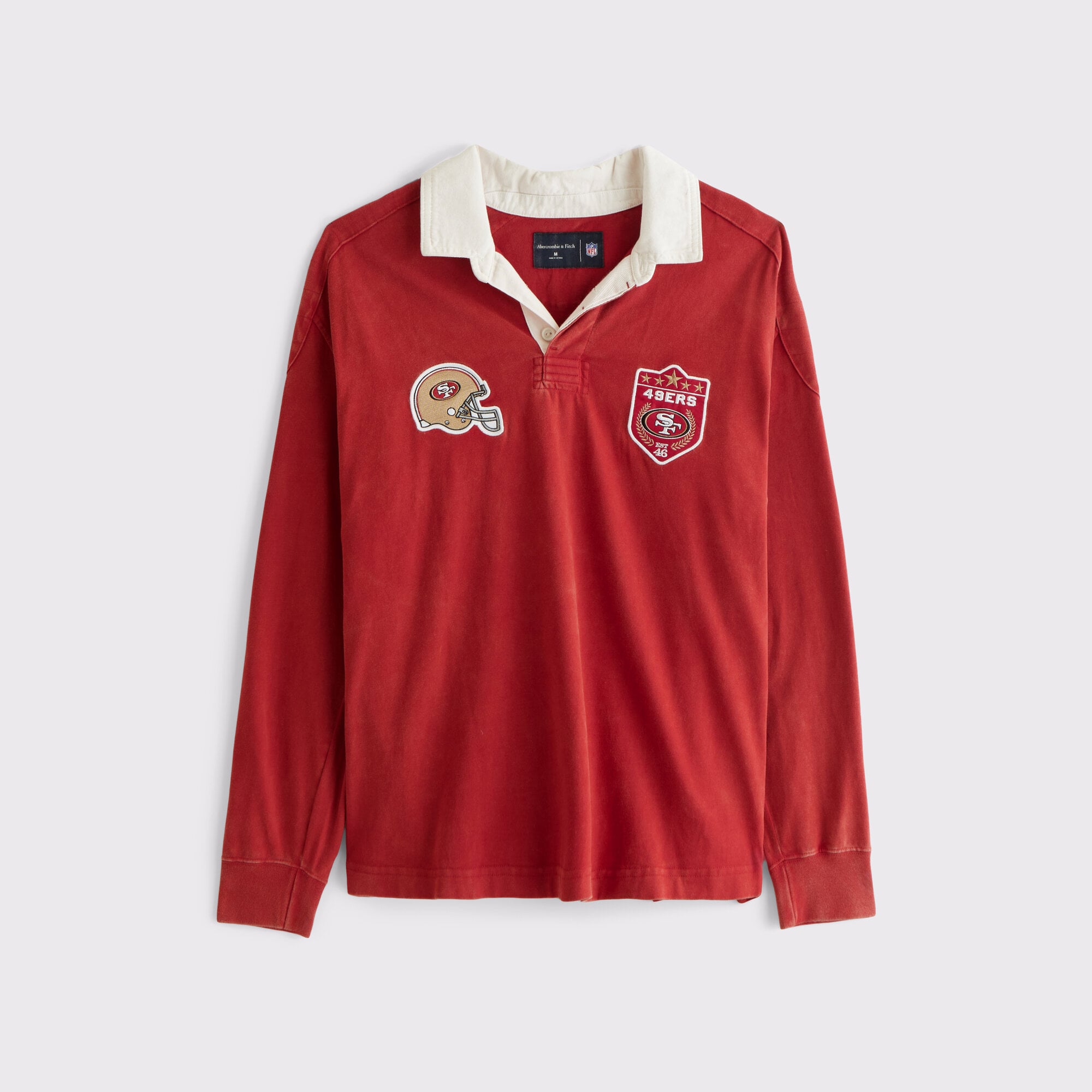 Abercrombie & Fitch Herren-Rugbyshirt aus rotem, schwerem Strick mit San Francisco 49ers-Logo