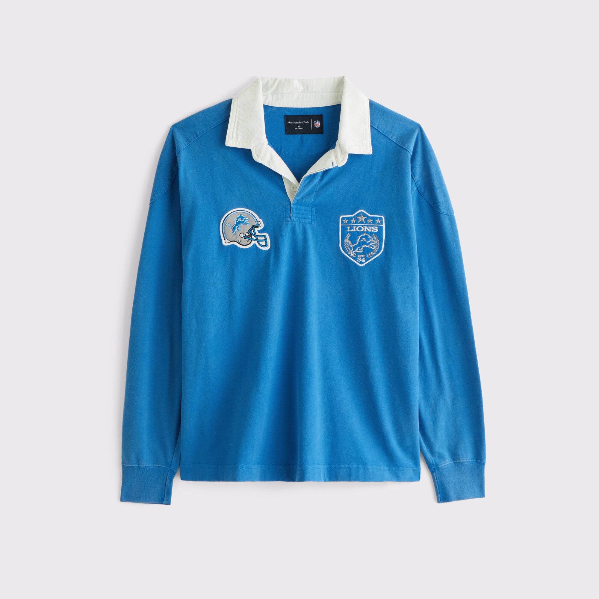 Abercrombie & Fitch Herren-Rugbyshirt aus schwerem Strick in Blau mit Detroit Lions-Logo