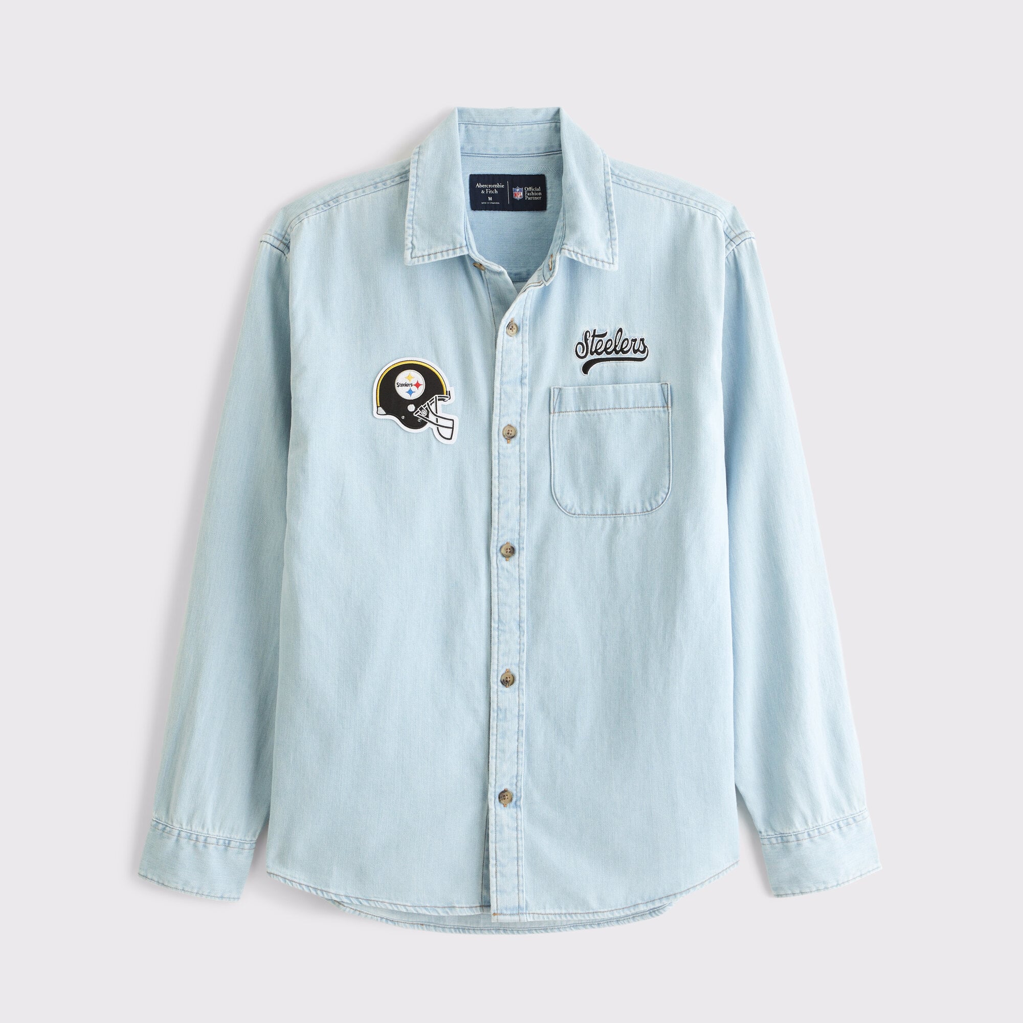 Men's Abercrombie & Fitch Light Blue Pittsburgh Steelers Denim Long Sleeve Button-Up Shirt: retailer-supplied image