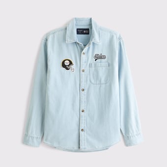 Men's Abercrombie & Fitch Light Blue Pittsburgh Steelers Denim Long Sleeve Button-Up Shirt