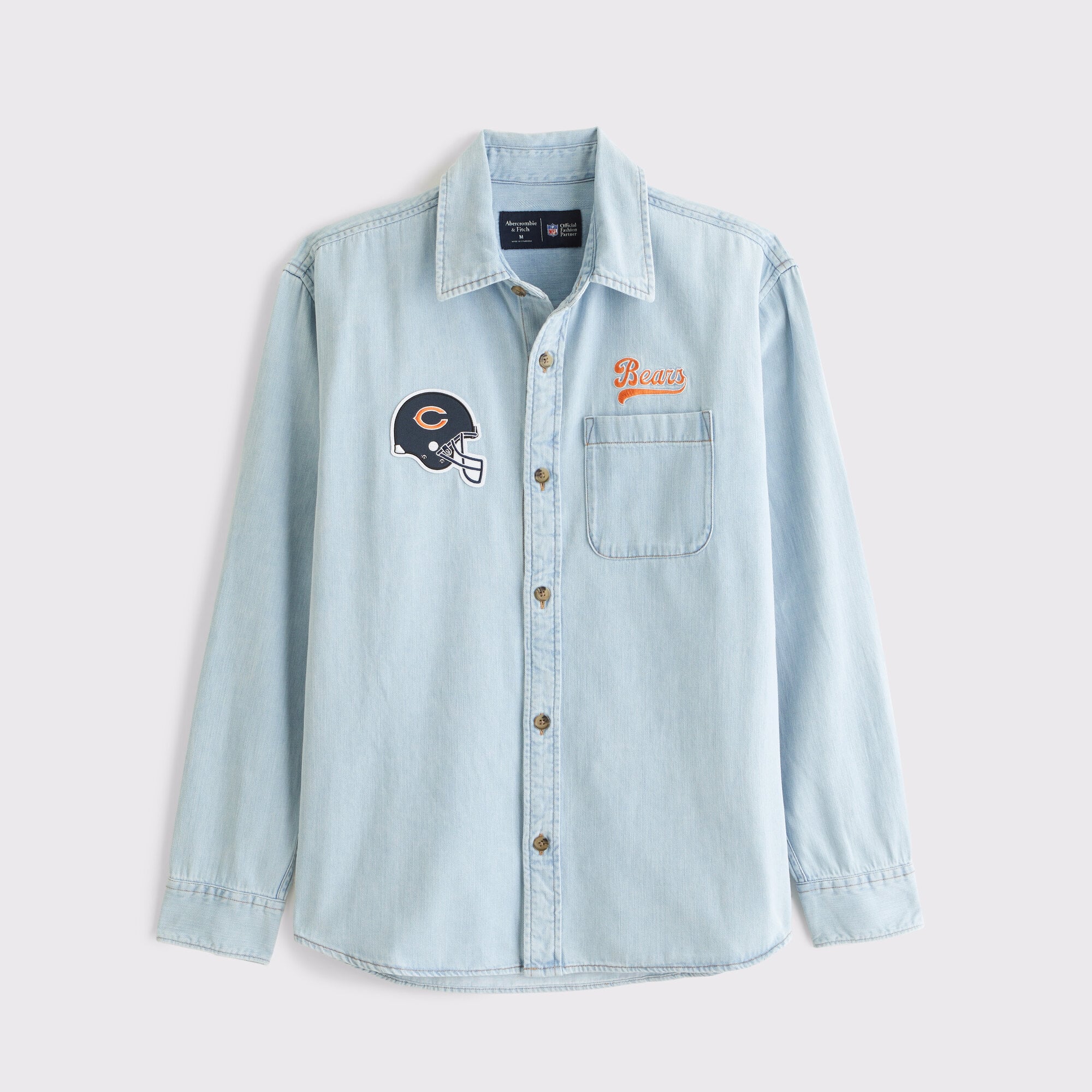 Men's Abercrombie & Fitch Light Blue Chicago Bears Denim Long Sleeve Button-Up Shirt