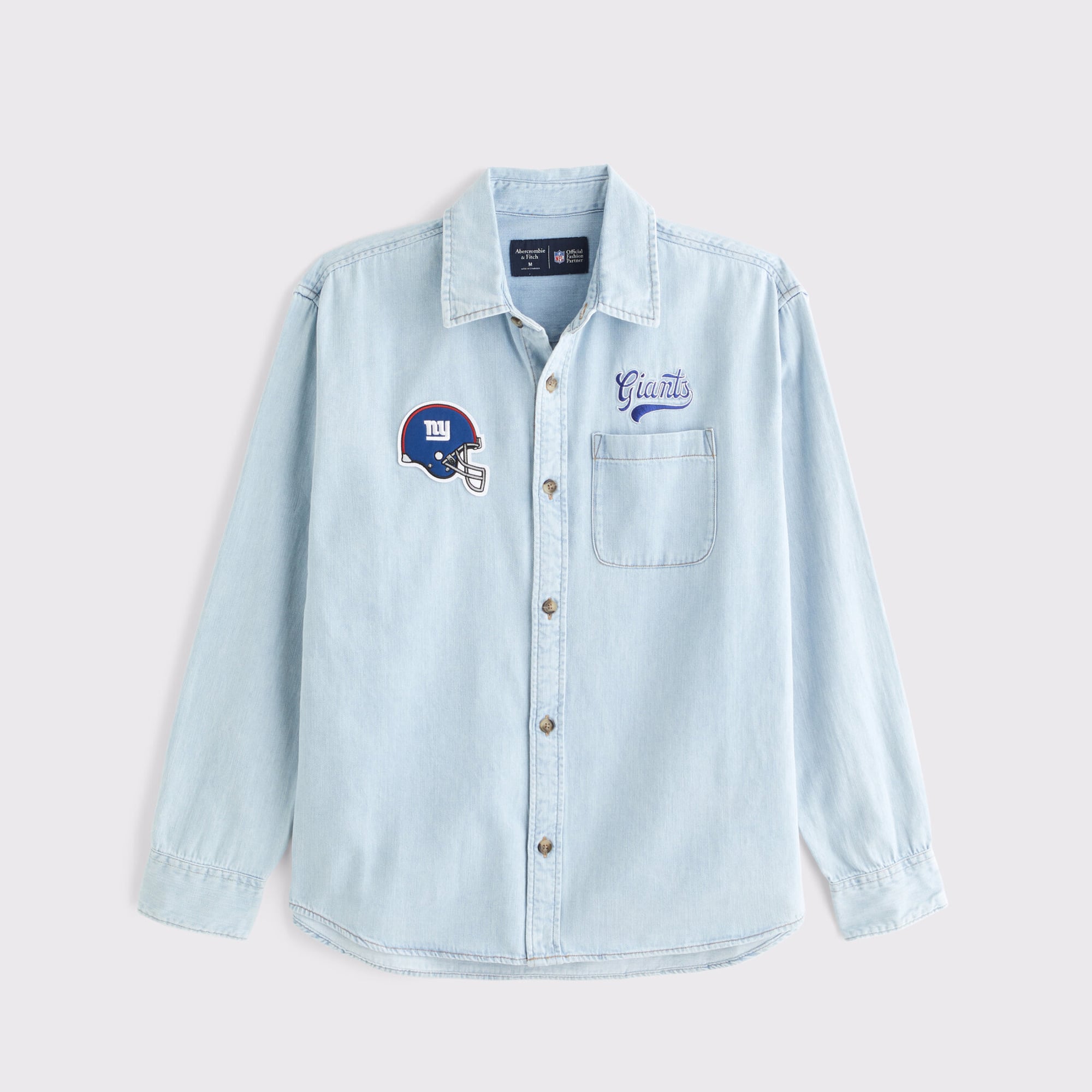 Herren-Jeanshemd von Abercrombie & Fitch mit langen Ärmeln und Knöpfen, blau, New York Giants.