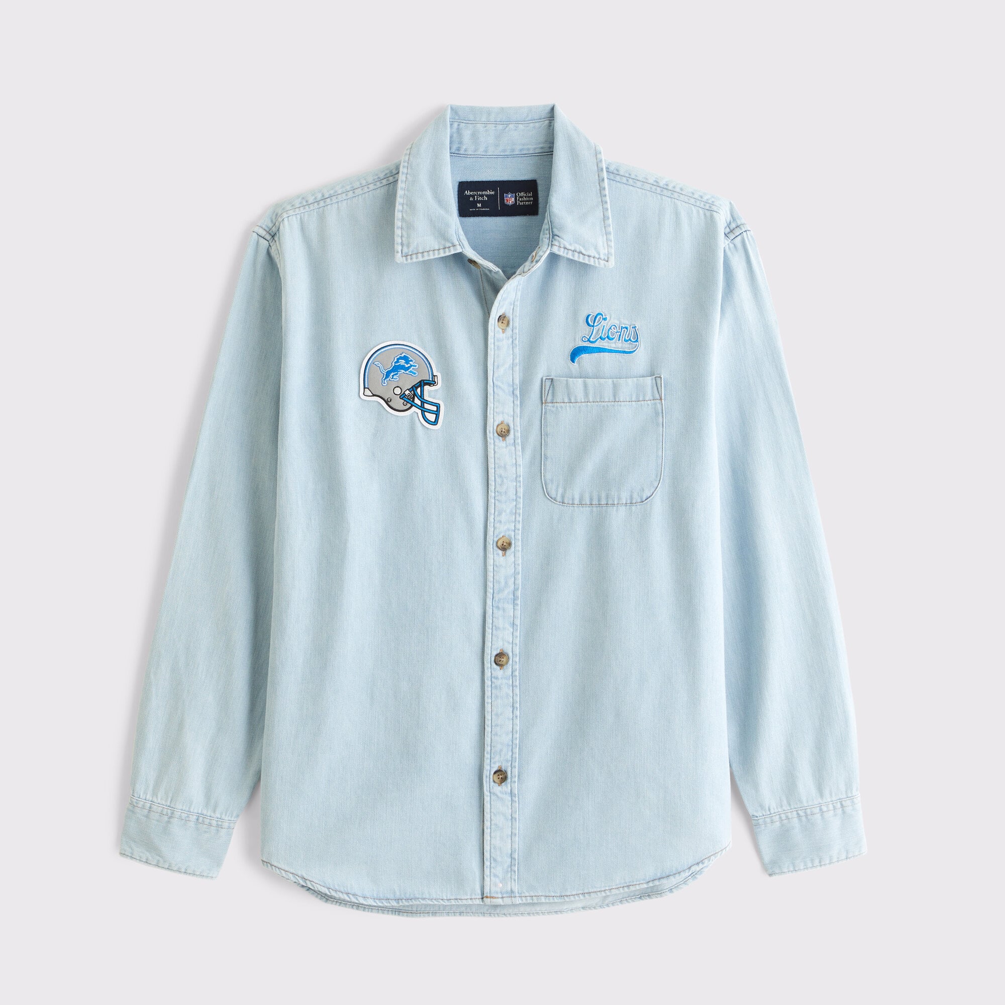 Herren-Langarmhemd aus blauem Detroit Lions-Denim von Abercrombie & Fitch