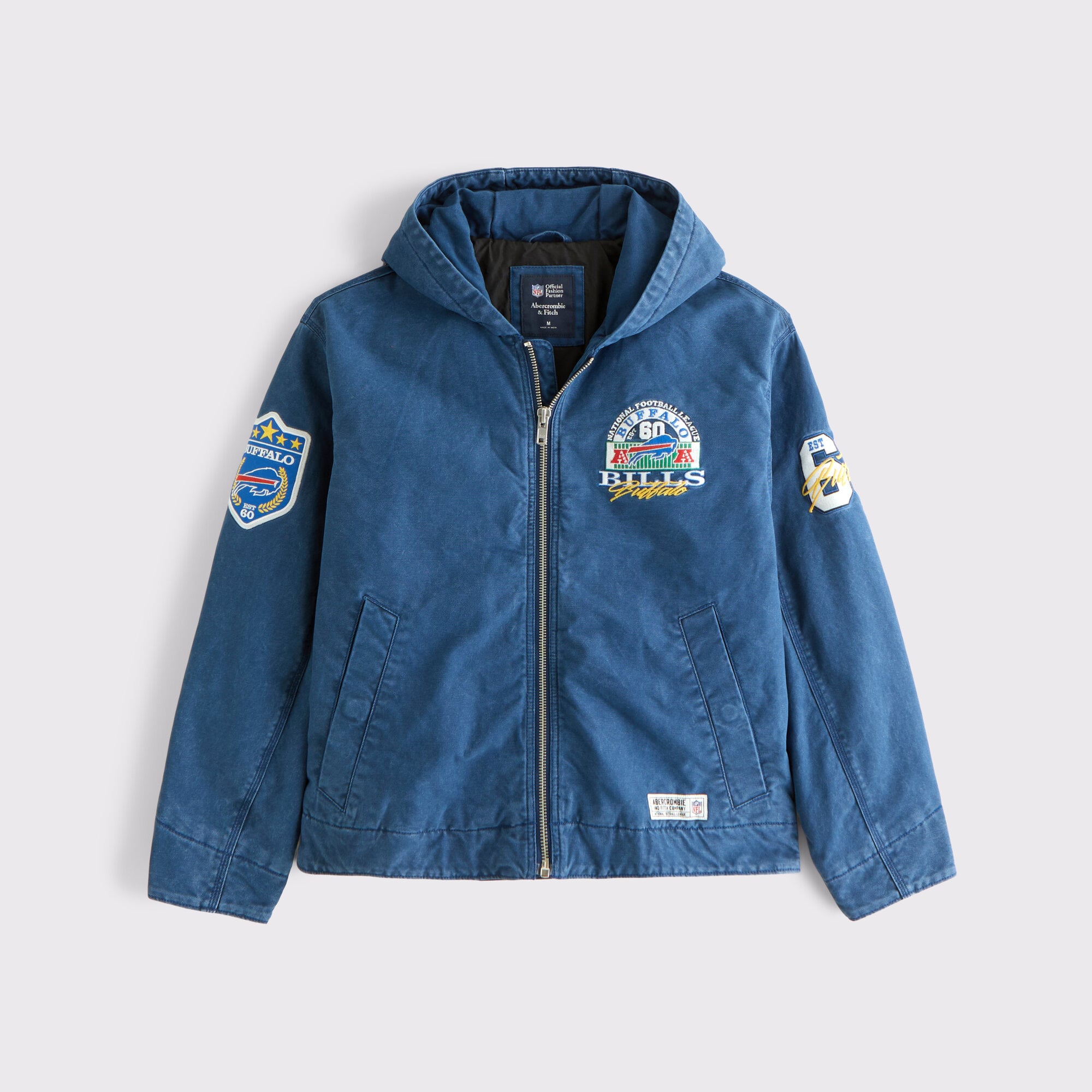Abercrombie & Fitch Herren-Bomberjacke mit Kapuze und durchgehendem Reißverschluss im Royal Buffalo Bills-Design