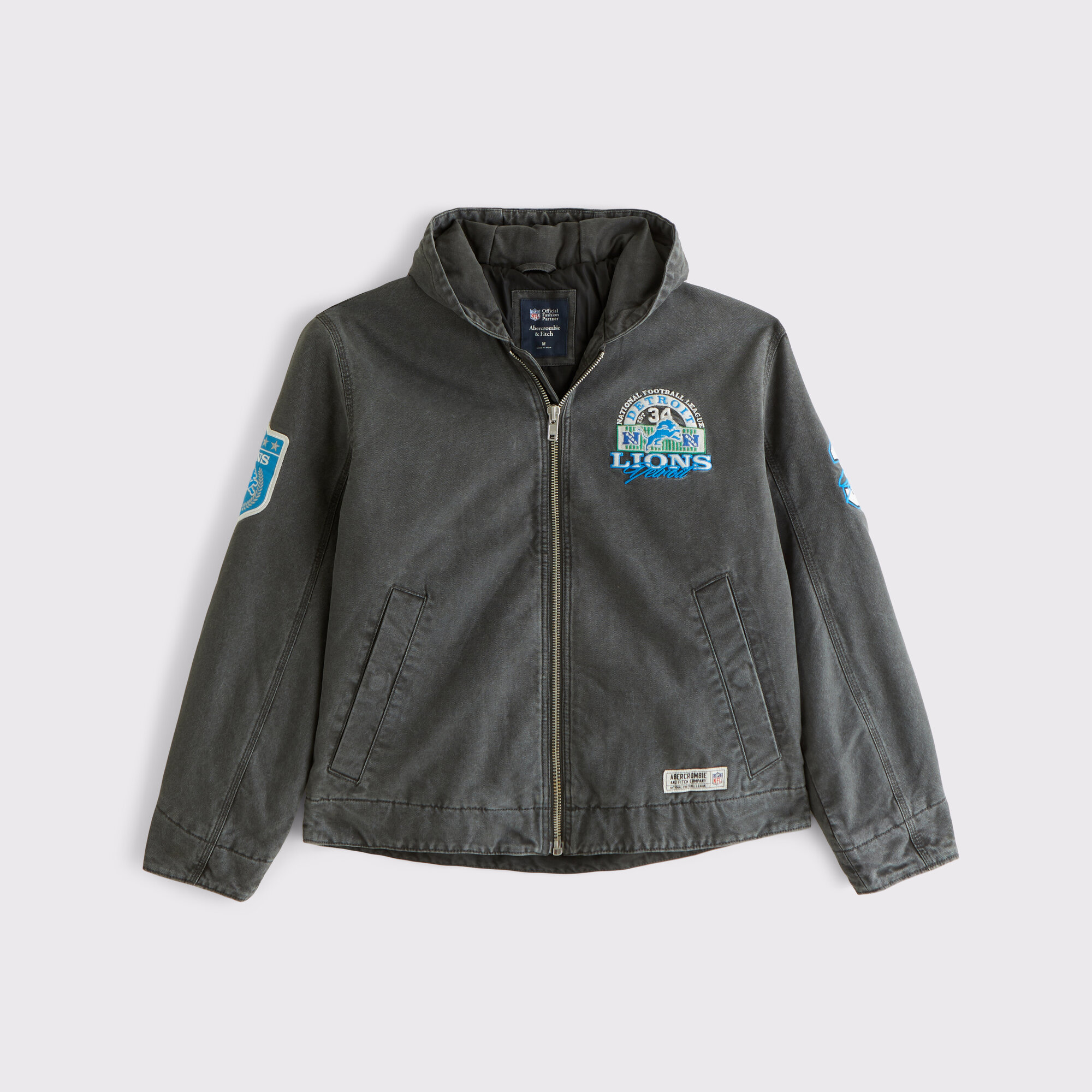 Men's Abercrombie & Fitch Black Detroit Lions Workwear Hooded Bomber Full-Zip Jacket