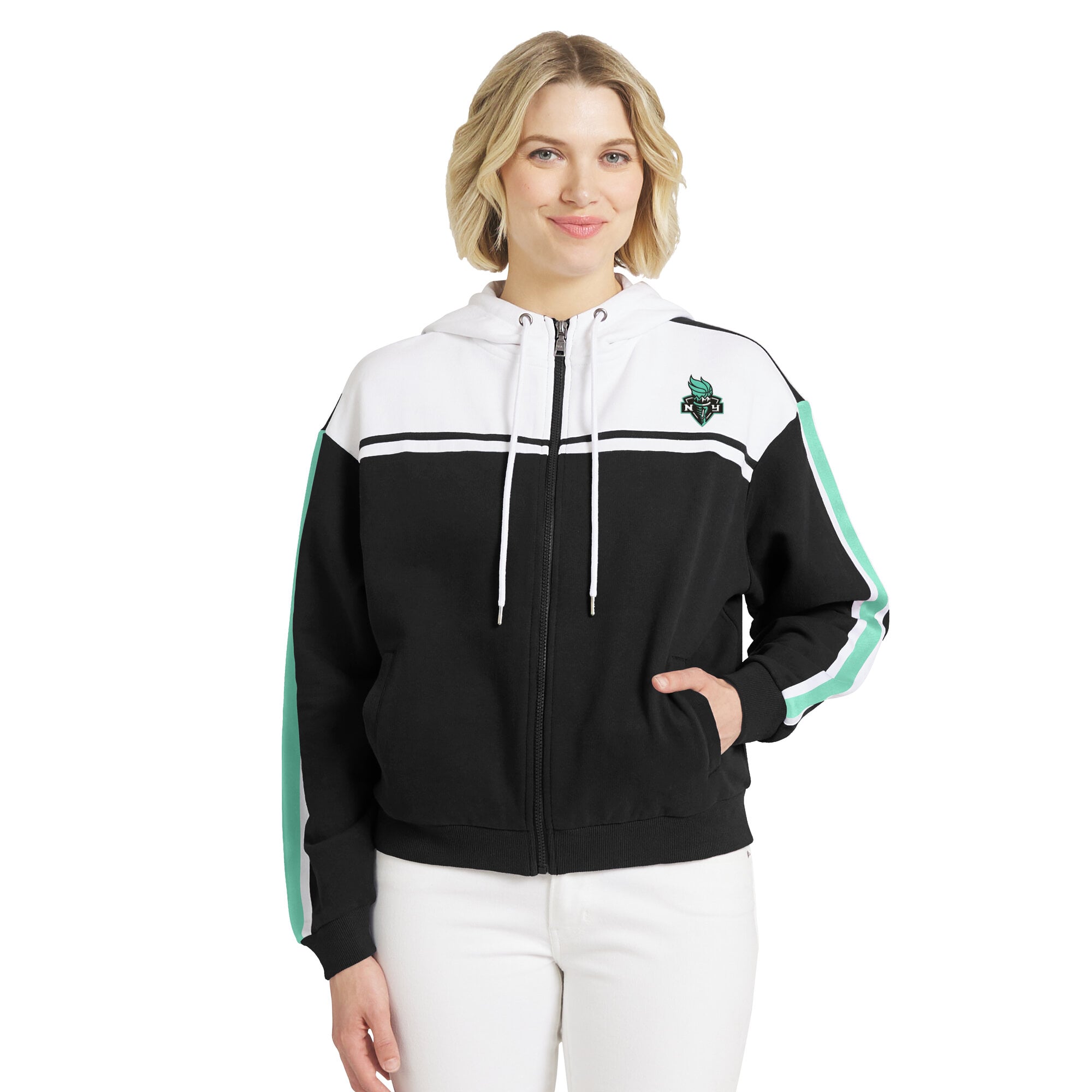 Women's WEAR by Erin Andrews Black/White New York Liberty Color Blocked Full-Zip Hoodie